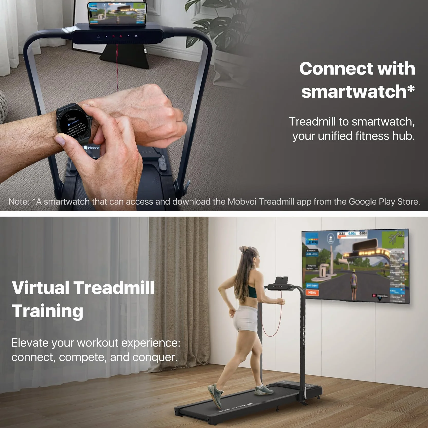 Mobvoi Home Treadmill Plus 3 in 1 Folding Treadmill Walking Pad 2.5HP Compact Under Desk Running Walking Machine for Home Office Remote Control LED Display 120kg 12KMH