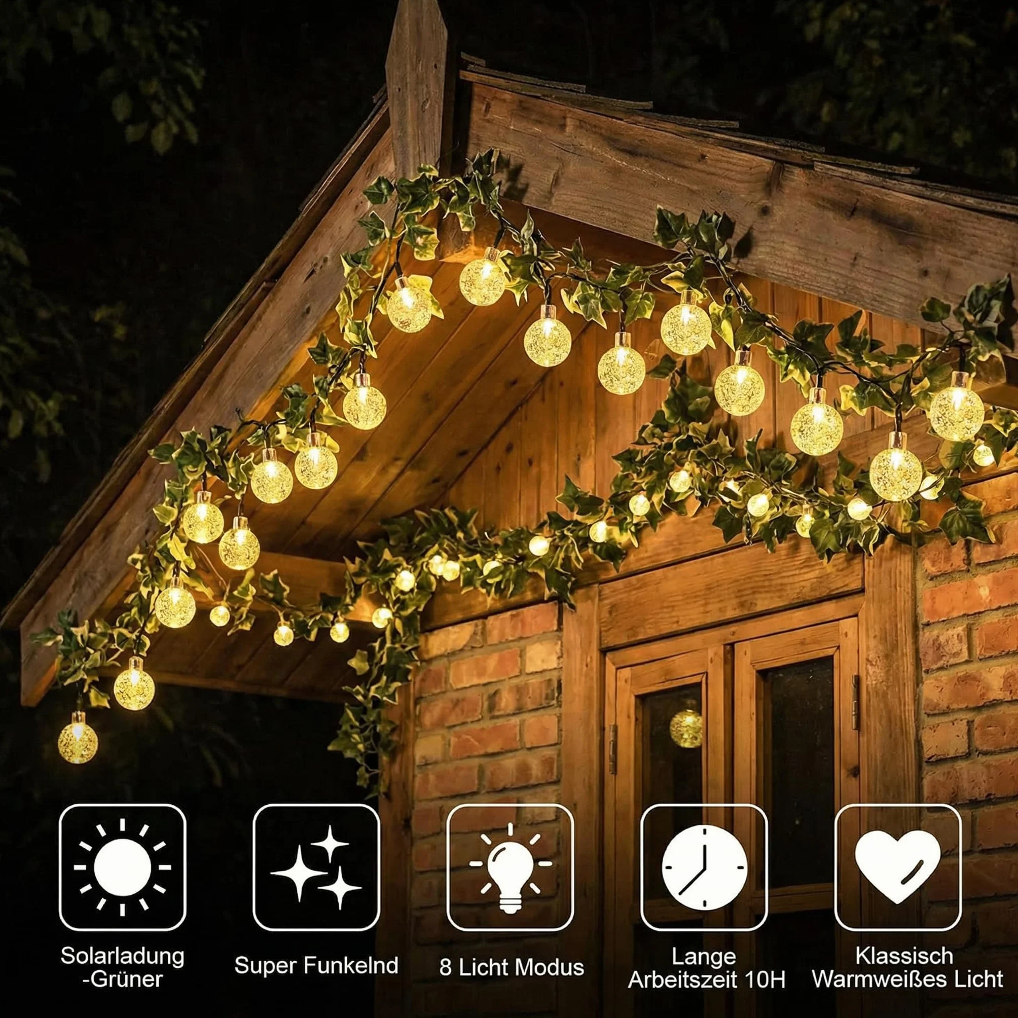 Guirnalda solar exterior 8m 40 LED bolas de cristal IP65 blanco cálido