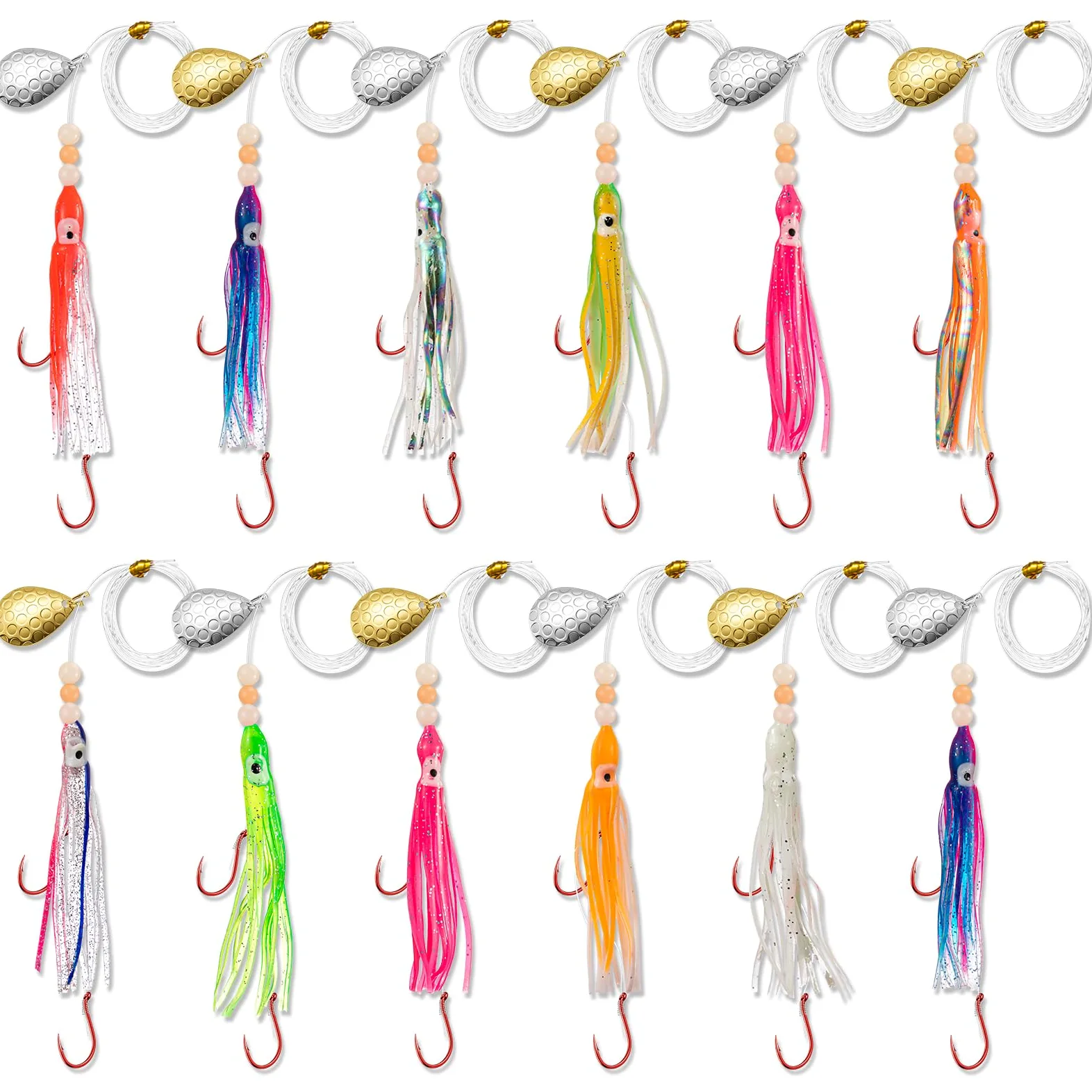 Glow Fresh Water Kokanee - Señuelos de salmón con ganchos de pulpo preaparejados, cuchillas giratorias, faldas sintéticas Kokanee Hoochies para pesca de salmón