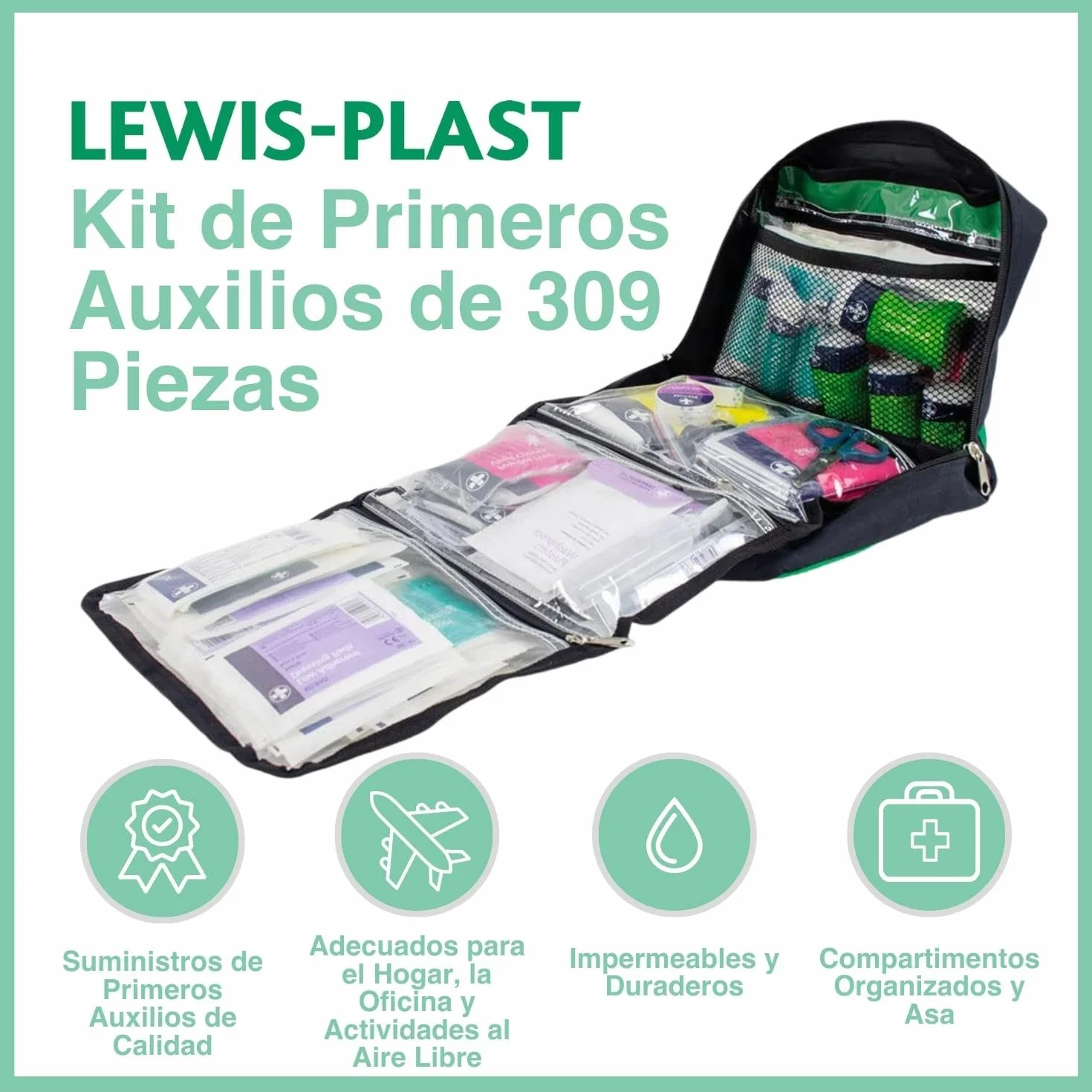 Lewis-Plast Kit Completo De Primeros Auxilios 309 Piezas De Primeros Auxilios Al Aire Libre - Kit Que Cumple Con Las Normas Europeas Para Interiores Y Actividades Al Aire Libre
