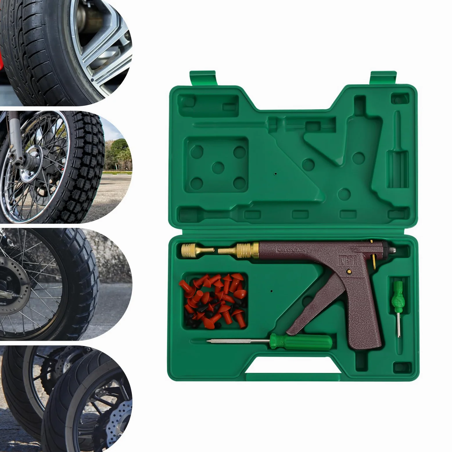 Kit de pistola de reparación de neumáticos, herramientas de reparación de pinchazos sin cámara con boquilla de sonda de hongo para motocicleta, camión, ATV, tractor, remolque, solución completa de