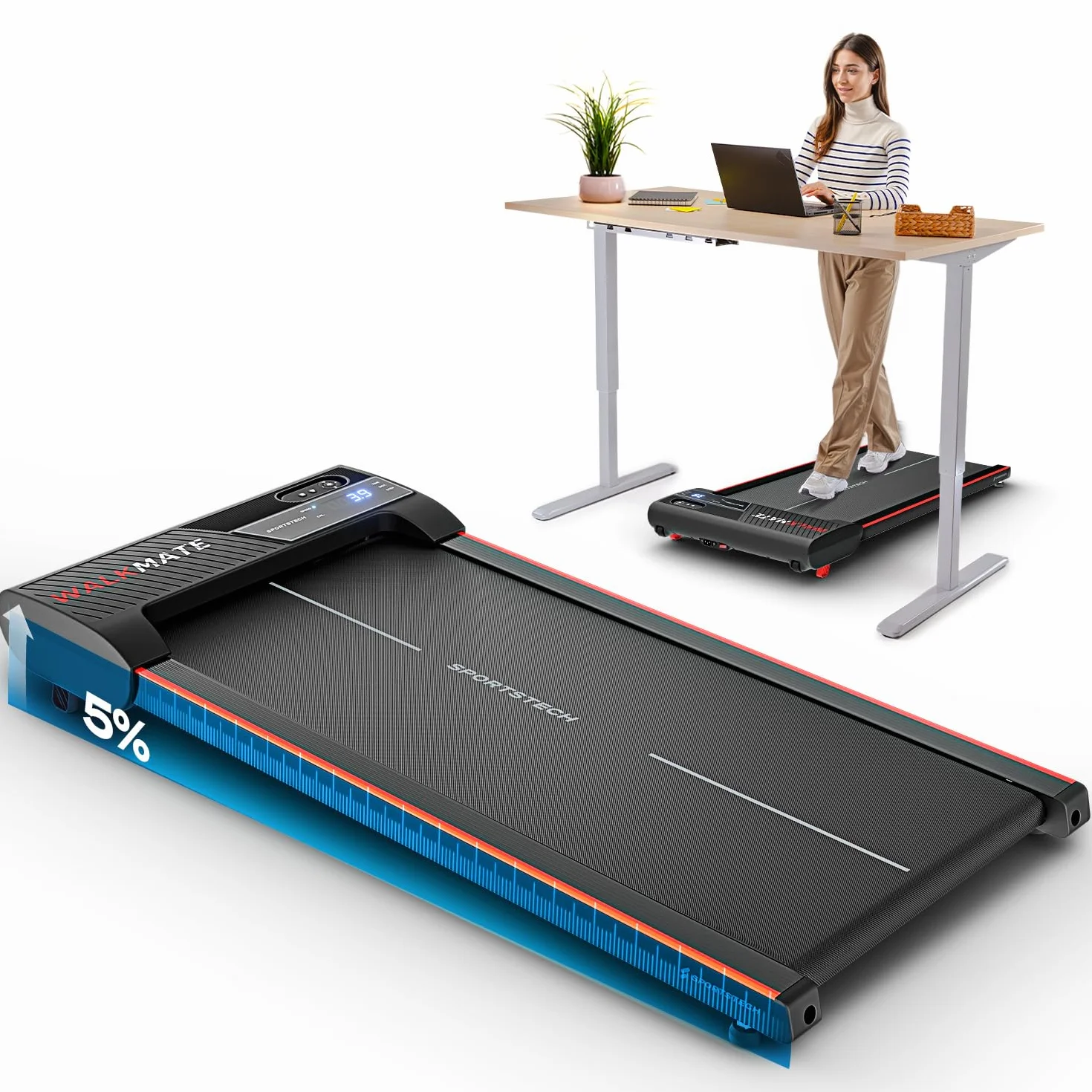Sportstech Walking Pad hasta 6 km/h – Inclinación Manual hasta el 5 %, Control Remoto y por App, Pantalla LCD, podómetro, Ligero y Compacto, Ruedas de Transporte, WalkMate hasta 120 kg