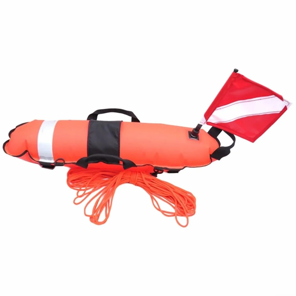 Boya flotante de pesca submarina con bandera de buceo y cuerda de 25 m para esnórquel de buceo, 83 x 25 x 25 cm, boya inflable de nailon 210D, amarillo, rojo o rosa (rojo)