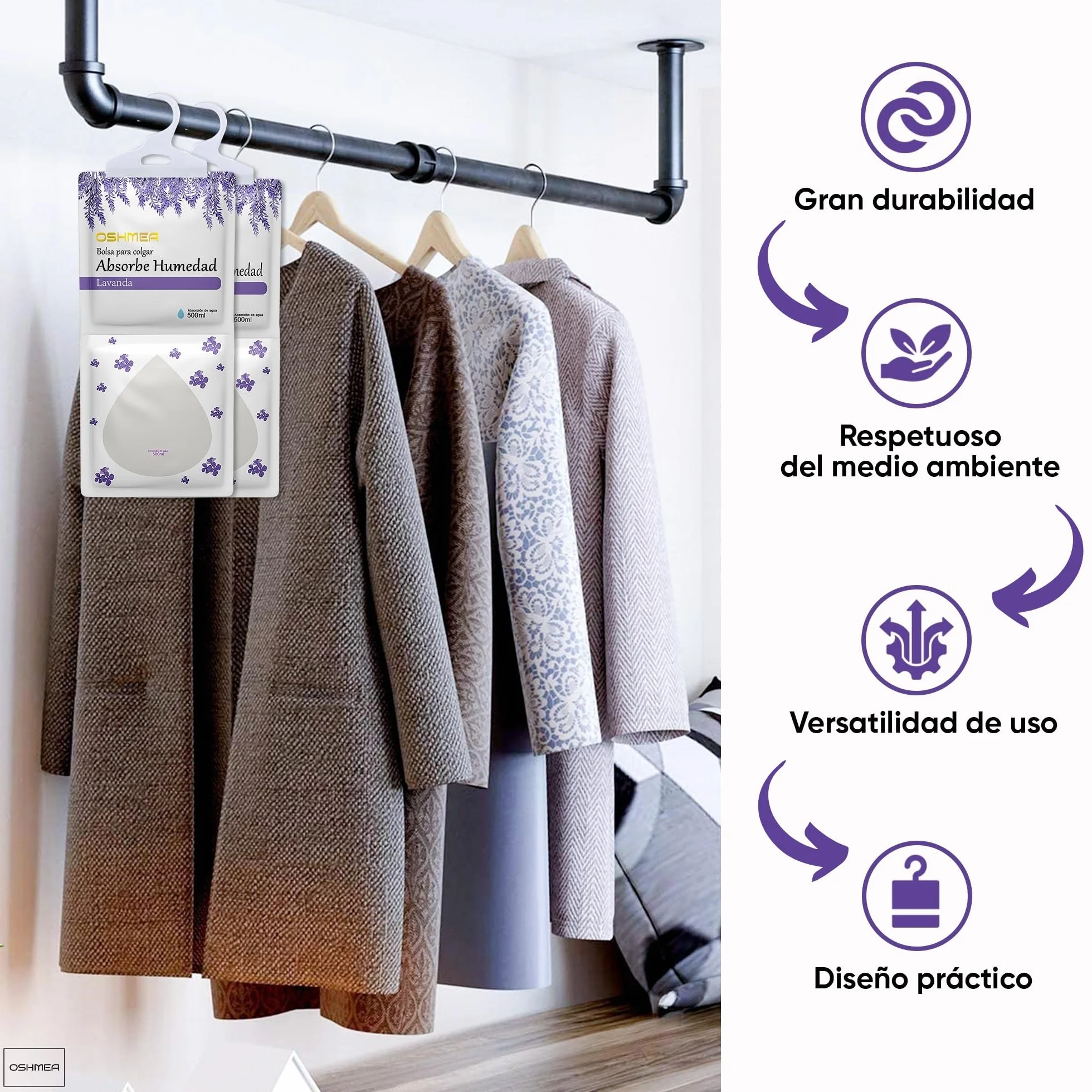 Bolsas Antihumedad PREMIUM 500ML 2 EN 1 Deshumidificador Armario Aroma Lavanda Absorbentes Humedad Condensación Quita Moho Olores