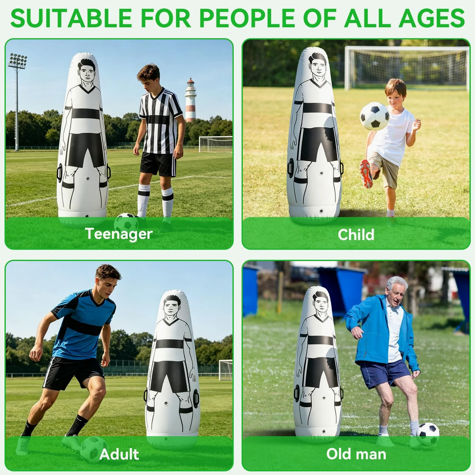 Maniquí de fútbol, ​​175x50cm/68,9x19,7 pulgadas entrenamiento de fútbol inflable vaso de práctica de fútbol de pared Maniquí De Fútbol defensor de patadas de fútbol portátil para niños y adultos