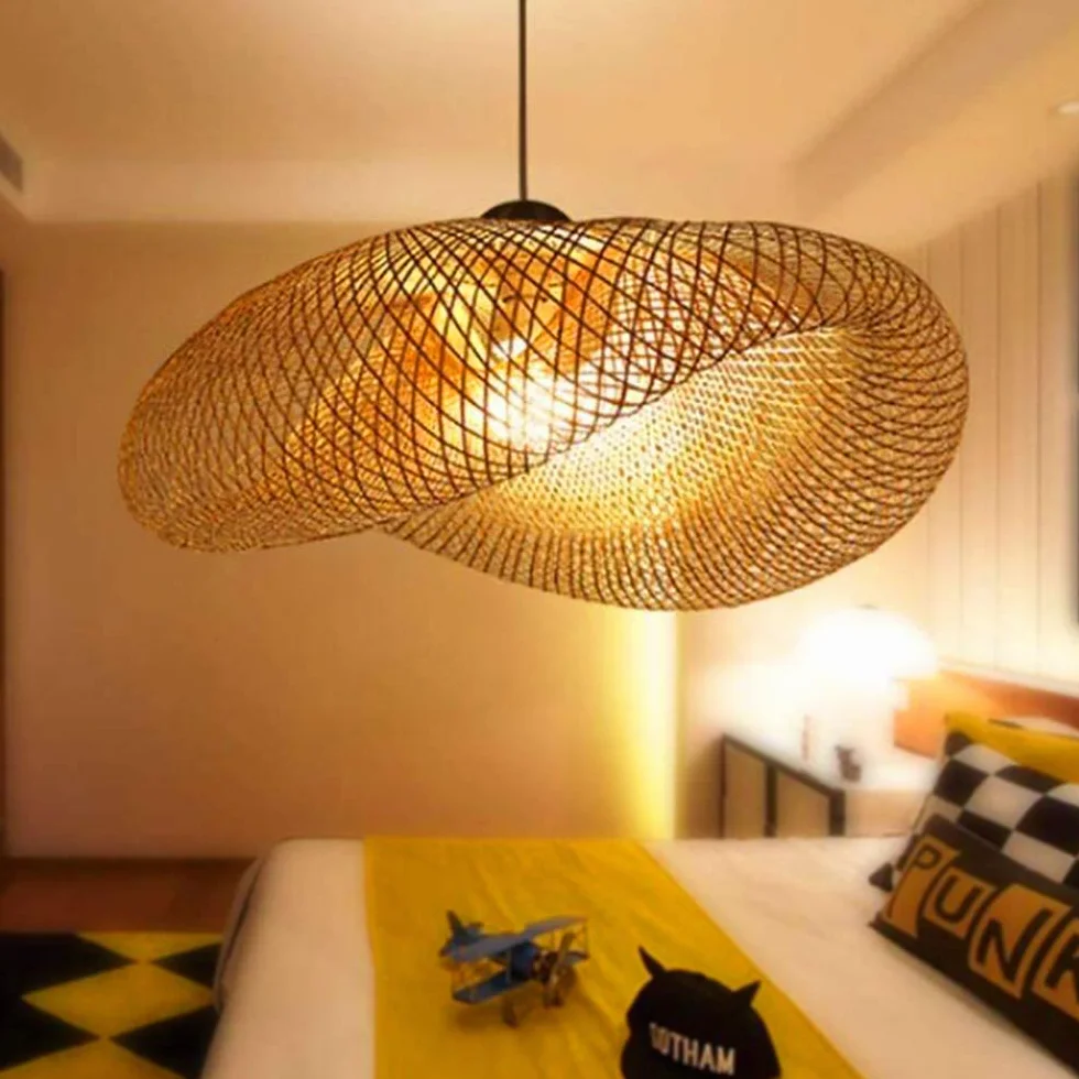 Lámpara Colgante De Bambú Tejida Linterna Antigua 50cm Iluminación De Techo Para Comedor Sala Estar