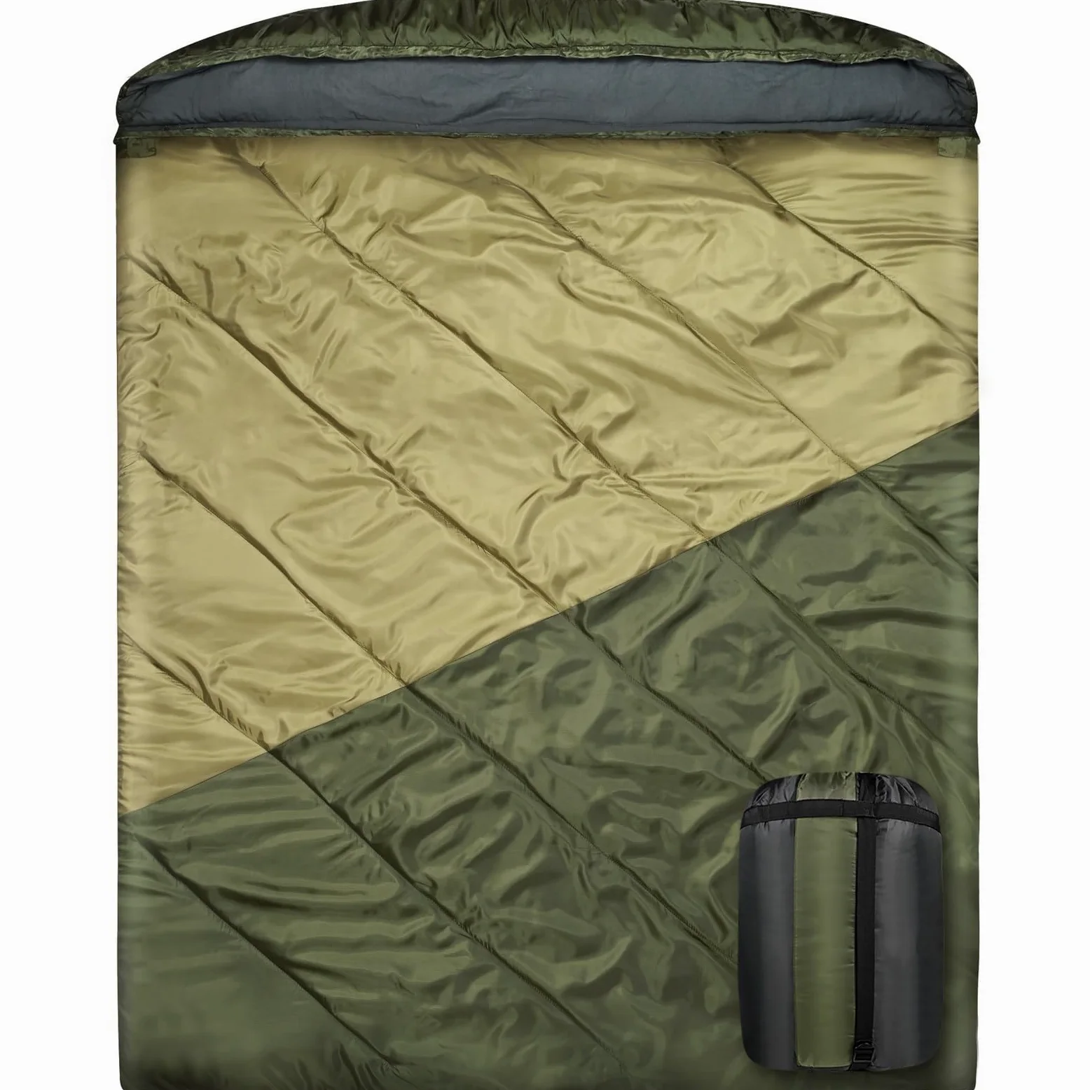 Saco de dormir doble, saco de dormir para 2 personas, tamaño Queen, para adultos, parejas, familia, camping, mochileros, XL, impermeable, ligero, para clima frío y cálido (verde militar)