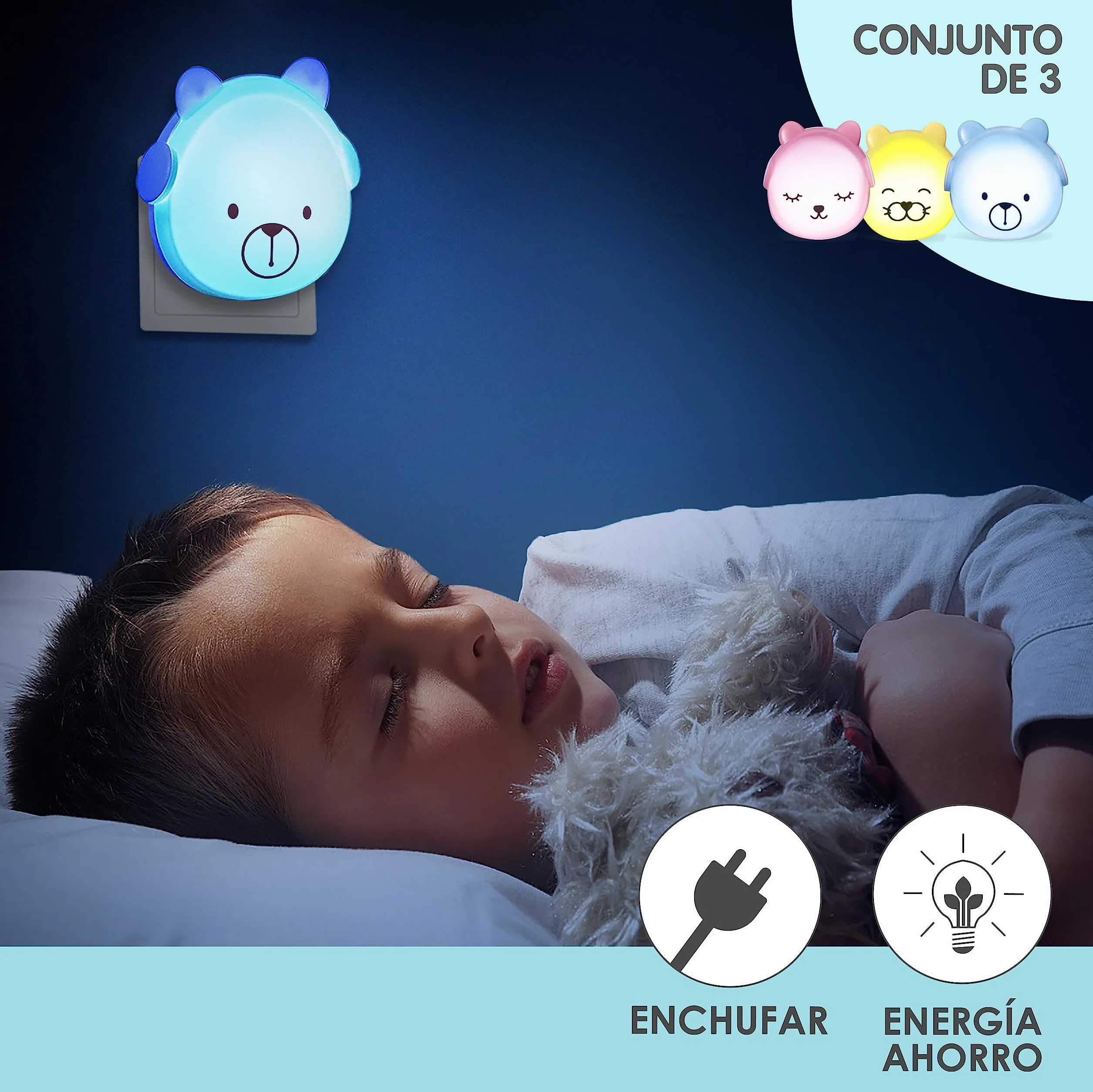 BRUNOKO Set 3 Ositos Luz Nocturna Infantil con Sensor Quitamiedos Pared