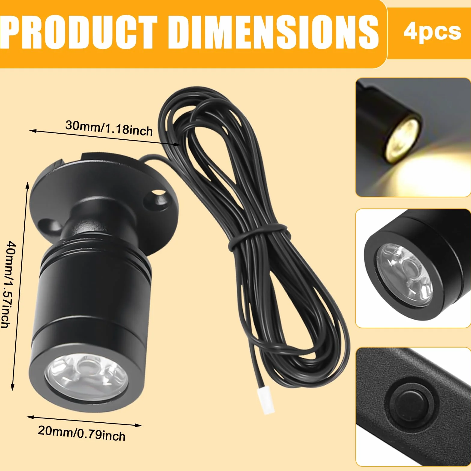 Aicharynic Mini Focos 4 unidades Luz Blanca Cálida 3000K USB 5V Foco Giratorio 360° para Vitrinas