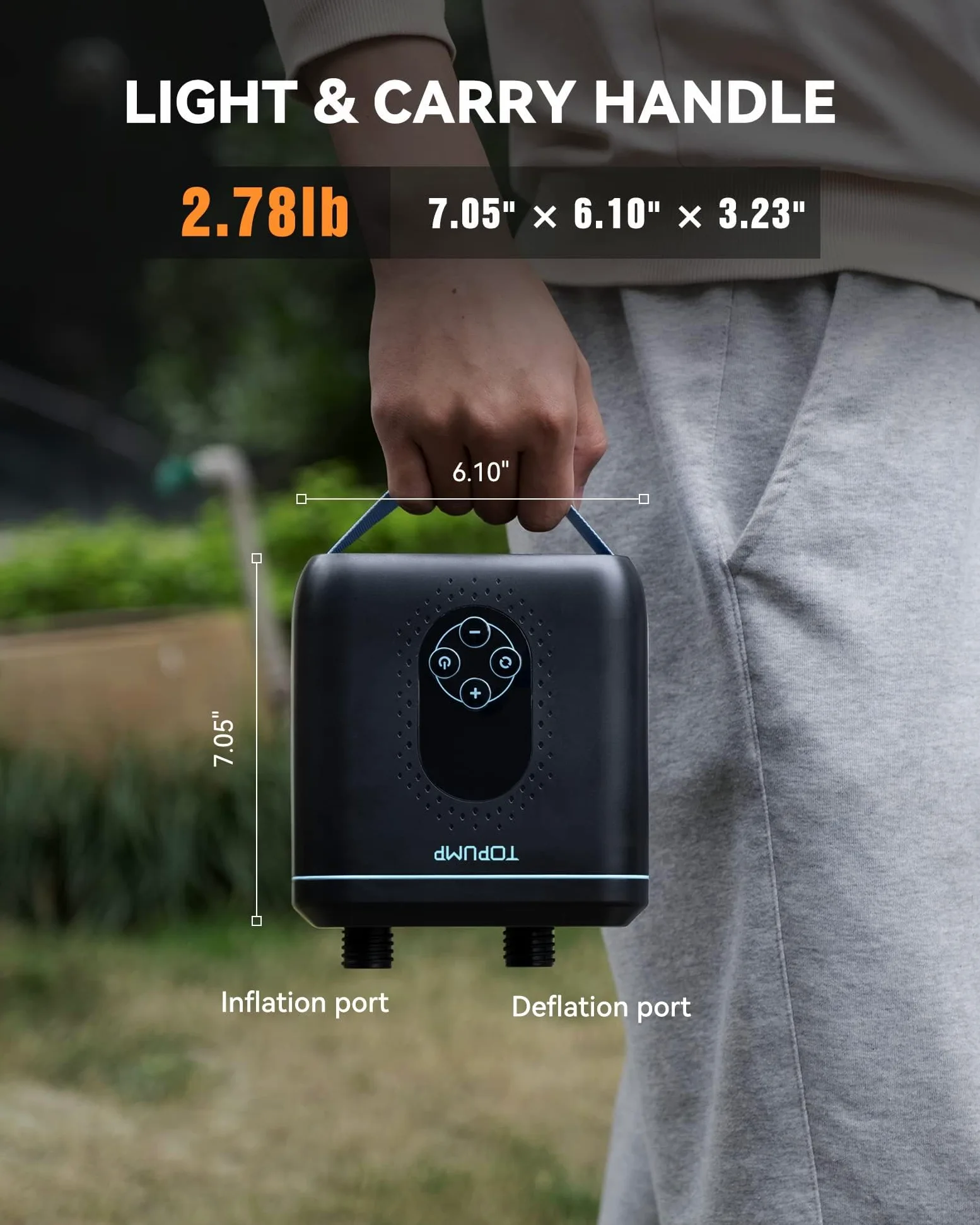 TOPUMP Bomba eléctrica para tabla de remo TPS260-20PSI, bomba de aire portátil recargable SUP, inflado y desinflado de doble etapa, apagado automático para tablas de remo, barcos, kayaks y tienda de