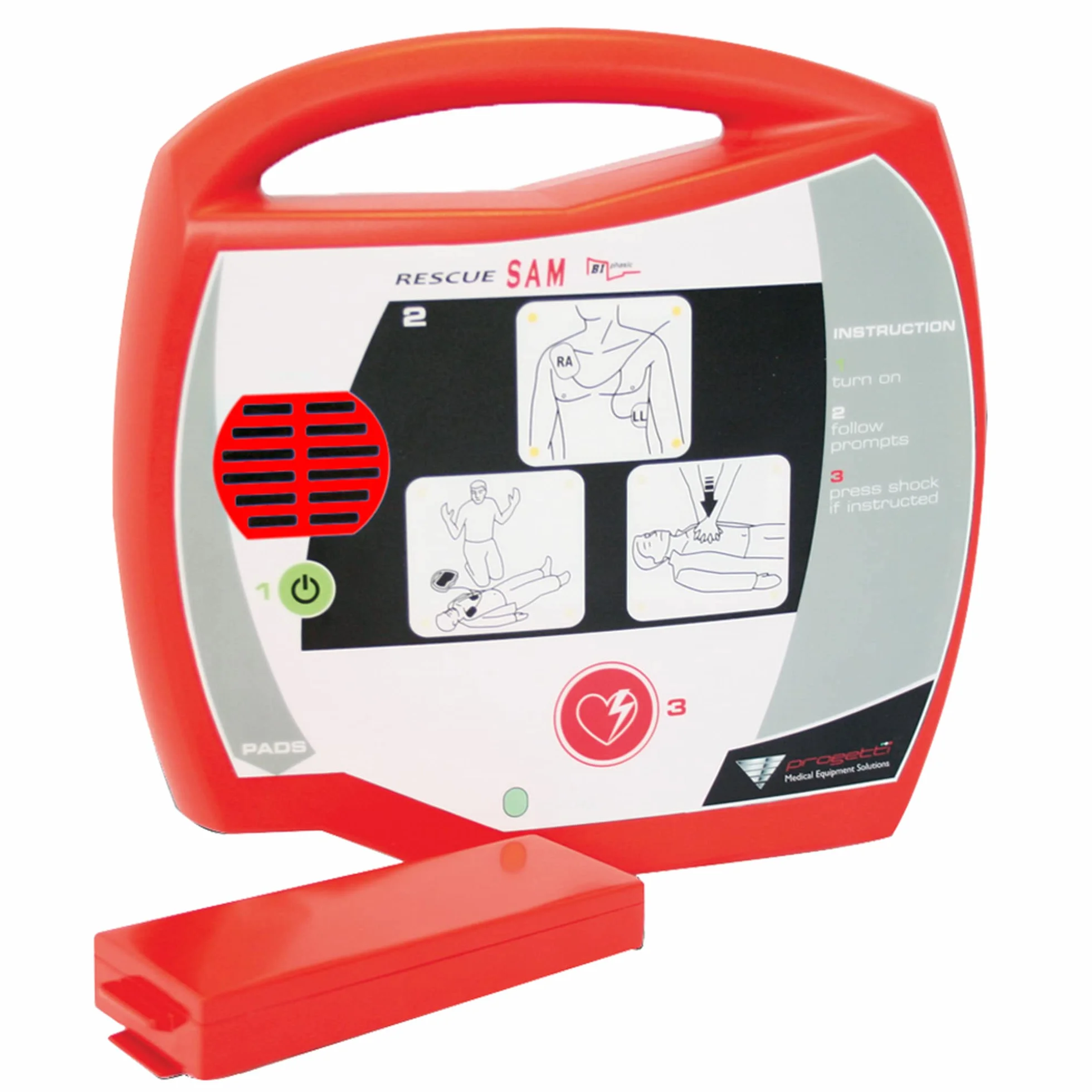 Desfibrilador externo semiautomático DESA Rescue Sam 33430 para uso público con instrucciones en español
