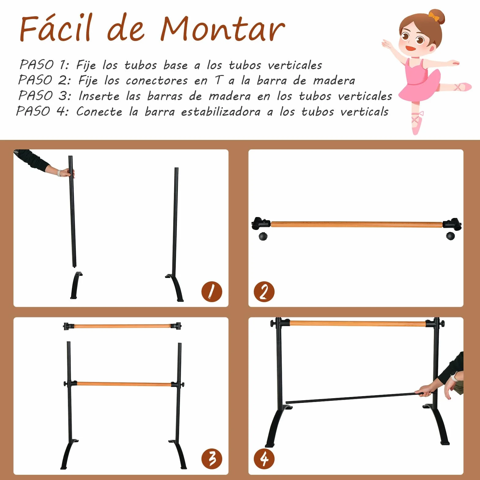 GOPLUS Barras de Ballet Portátil de 122 CM, Barra de Baile Independiente con Alturas Ajustables de 4 Posiciones, 2 Barras de Madera Maciza, Marco de Metal Resistente, Doble Barra de Ballet