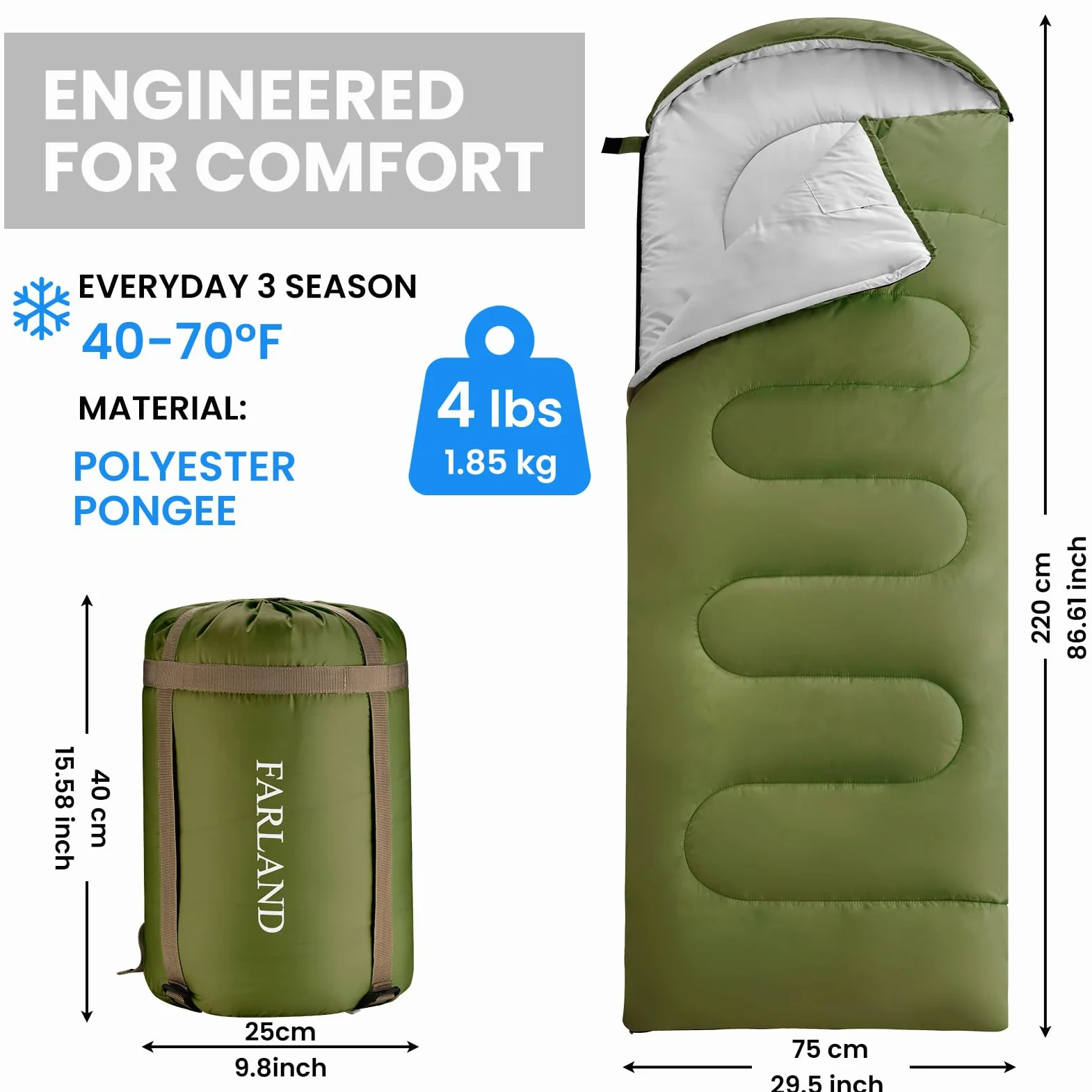 FARLAND - Sacos de Dormir 20 para Adultos, Adolescentes y niños, con Saco de compresión, portátil y Ligero, para Acampar de 3 a 4 Estaciones, Senderismo, Impermeable, mochilero y al Aire Libre