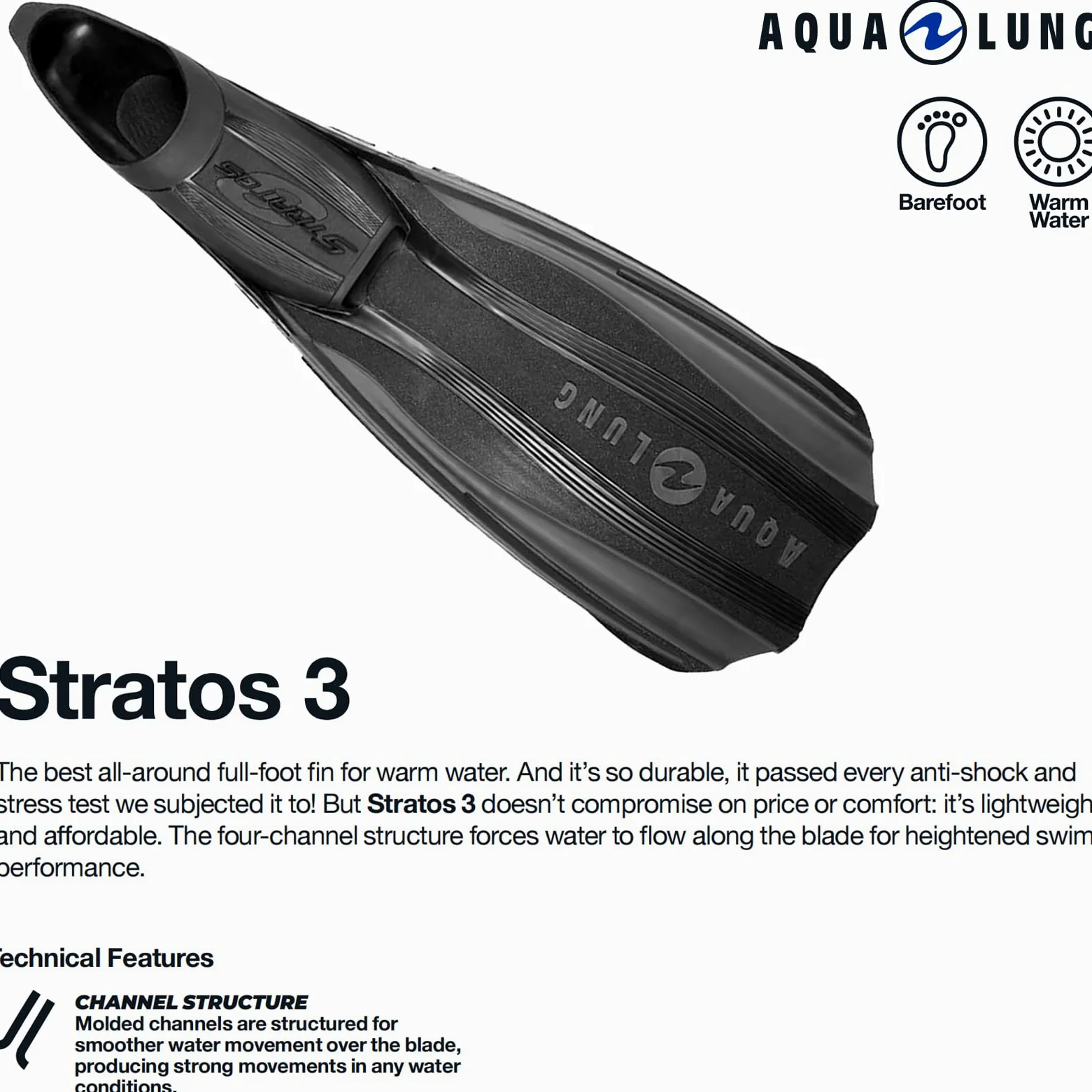 AQUALUNG Stratos 3 - Aletas Buceo para Adultos Unisex, Aletas sin escarpín para un máximo Rendimiento hidrodinámico, Suelas adherentes, Agarre eficaz, adecuados para bucear