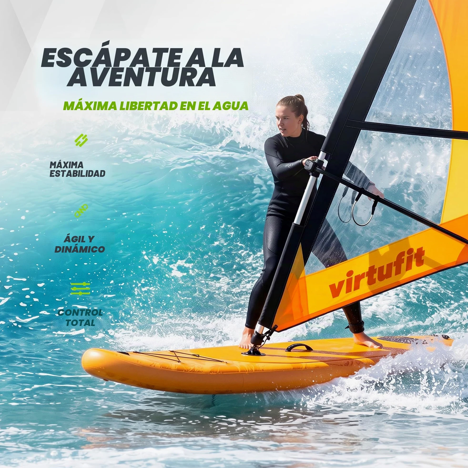 VirtuFit SUP Board Surfer 305 - Tabla de surf hinchable con vela de windsurf - Stand Up Paddle Board negro, incluye accesorios, remo, bomba, bolsa de transporte, soporte para GoPro, principiantes