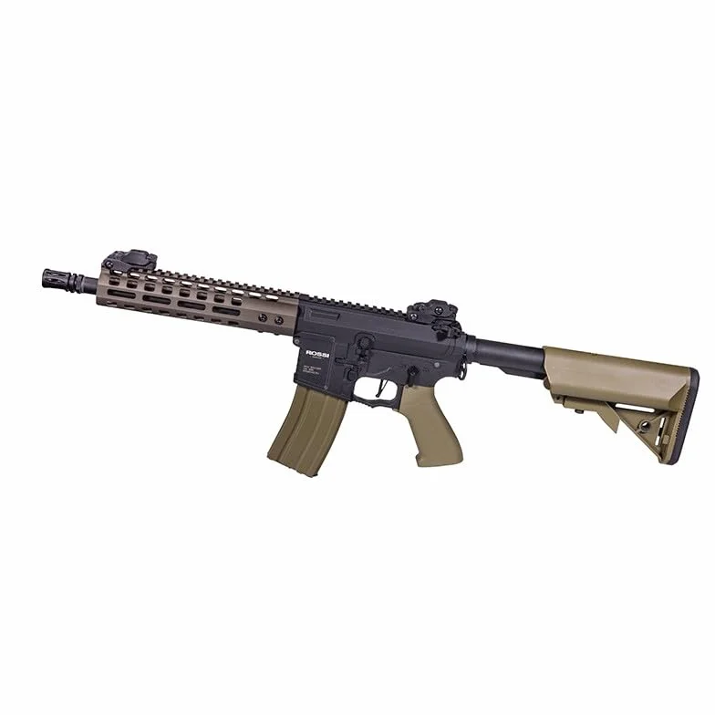 Fusil de Airsoft eléctrico Modelo Sentinel Epsilon 9'' de la Marca Rossi® en Color Negro y Tan con gatillo electrónico ETU con Freno Activo, Potencia 1 Julio