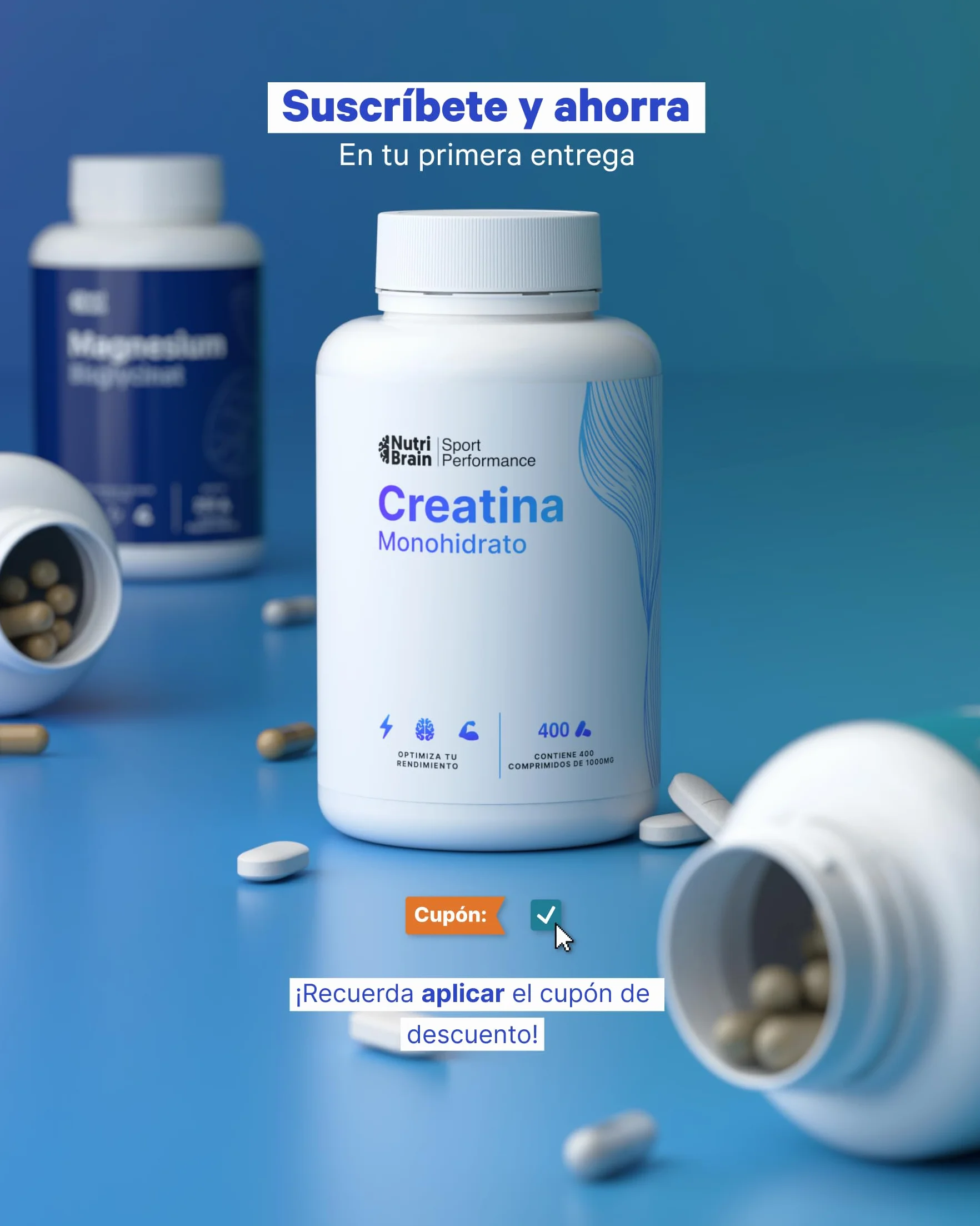 Creatina Monohidratada 3000 mg 400 comp Mejora Fuerza Masa Muscular Resistencia Vegano Sin Gluten No OGM