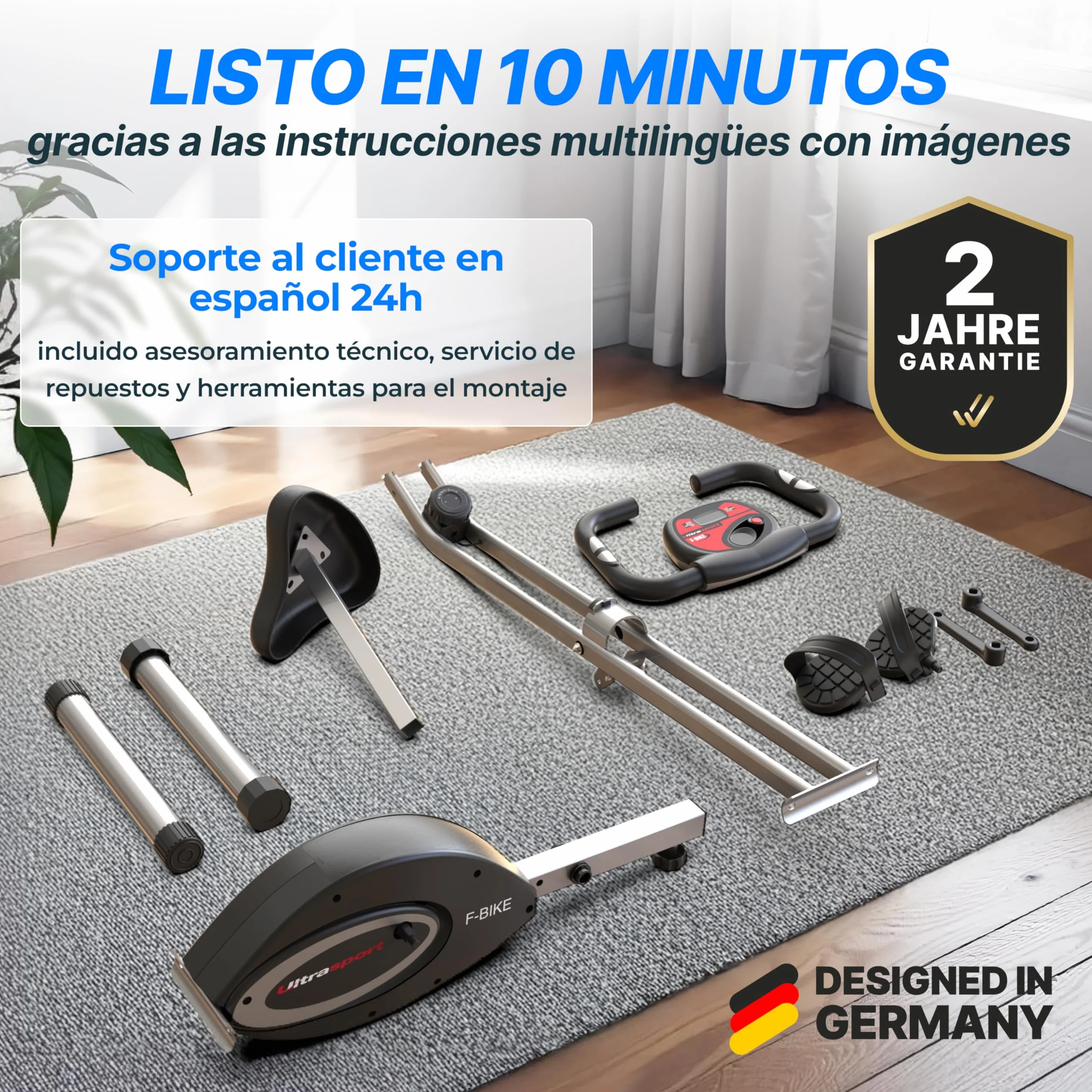 Ultrasport F-Bike, Entrenador Bicicleta, entrena casa, bicicleta aptitud plegable, computadora entrenamie integrada, sensores pulso mano, plegable, 8 niveles resistencia, ideal para mayores y jóvenes