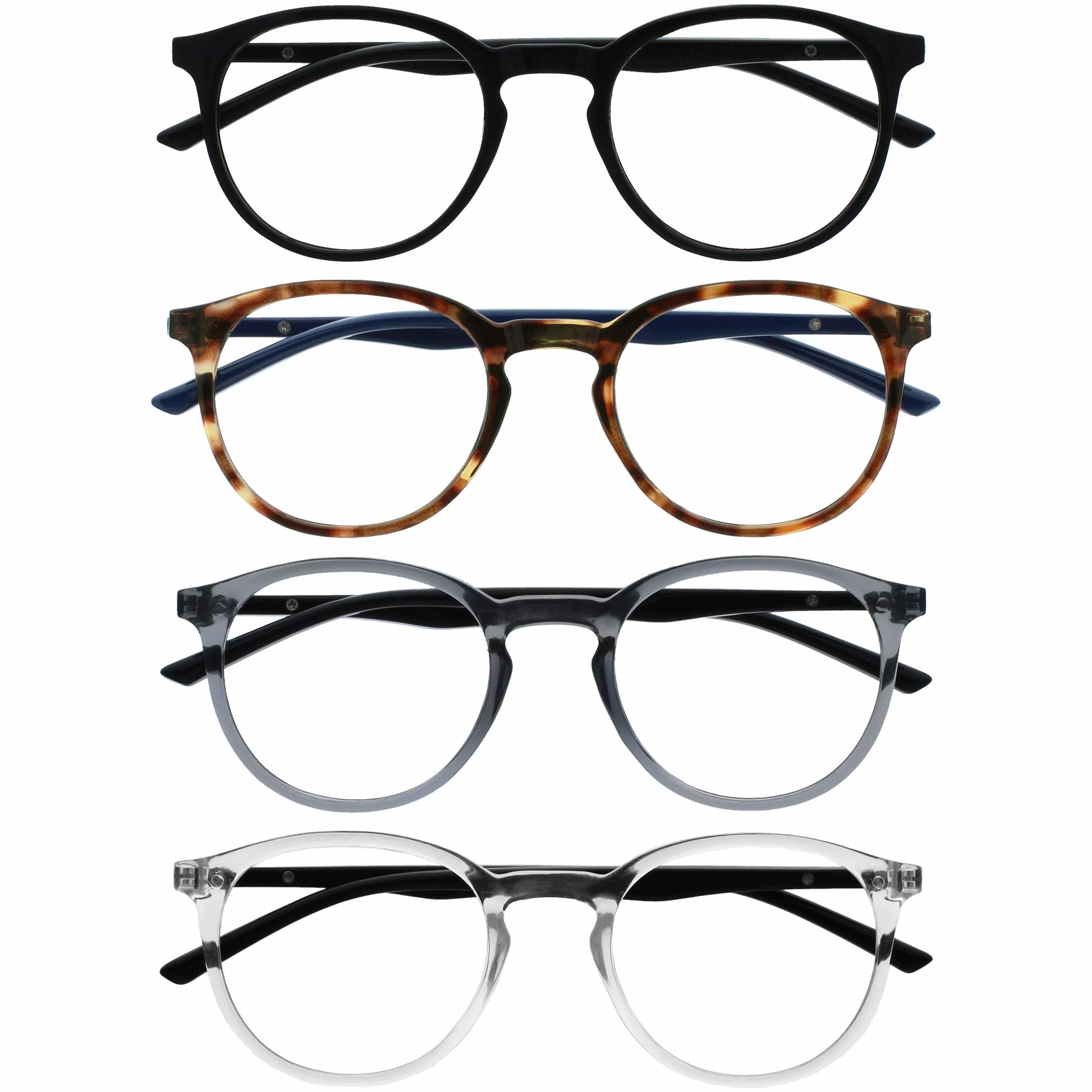 OPULIZE Gafas de Lectura 4-Pack +2.00 Montura Redonda Negra Marrón Gris Resistente Arañazos Antirreflejante