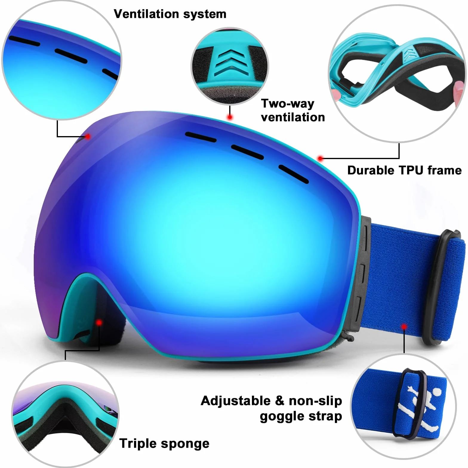 Gafas de Esquí Trusiel OTG Ajustable Anti-Niebla Protección UV Hombre Mujer Casco Snowboard