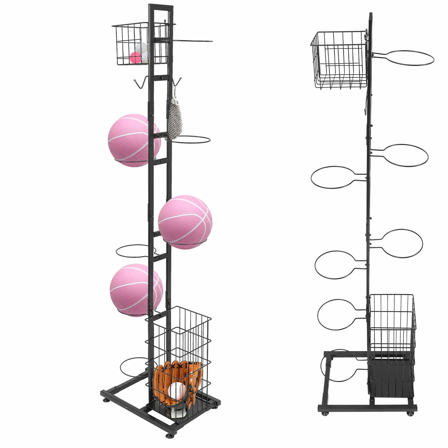 Soporte para pelotas vertical 5 soportes 2 cestas estantería exhibición fútbol voleibol baloncesto 41x28x156 cm