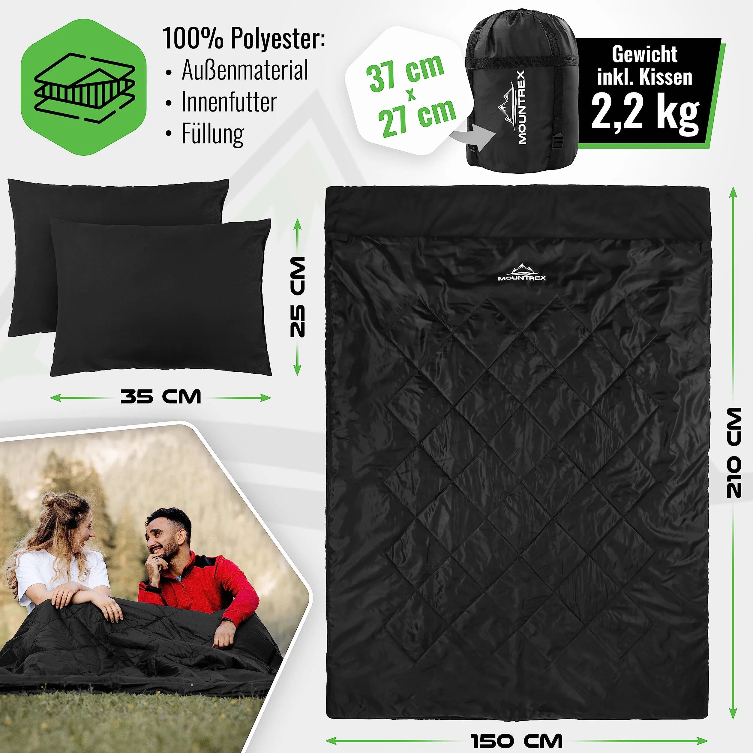 MOUNTREX Saco de dormir doble de verano para 2 personas (210 x 150 cm), saco de dormir XXL de verano con 2 almohadas para adultos, camping, exterior e interior