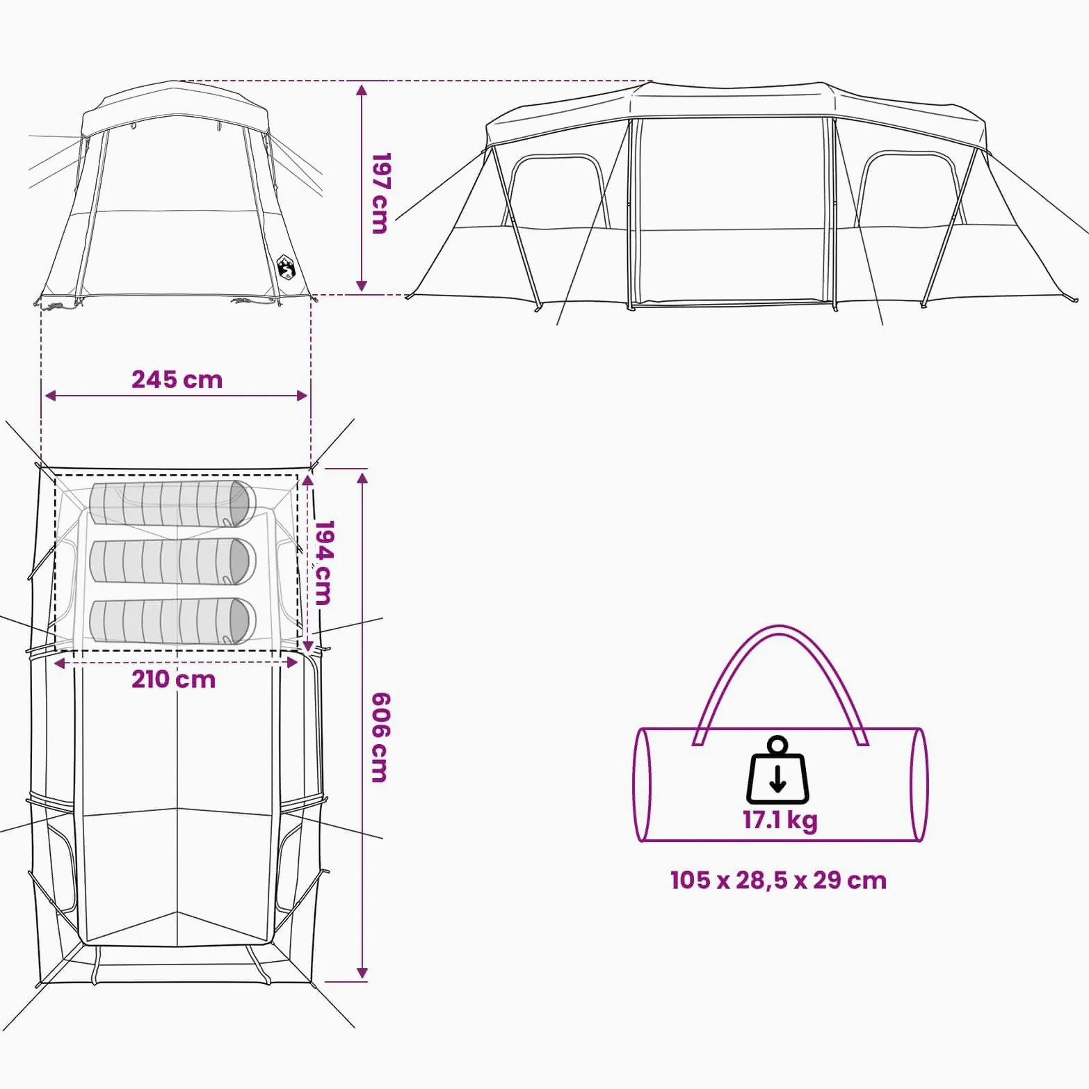 vidaXL Tienda de campaña instantánea con mosca impermeable para 3 personas, instalación rápida