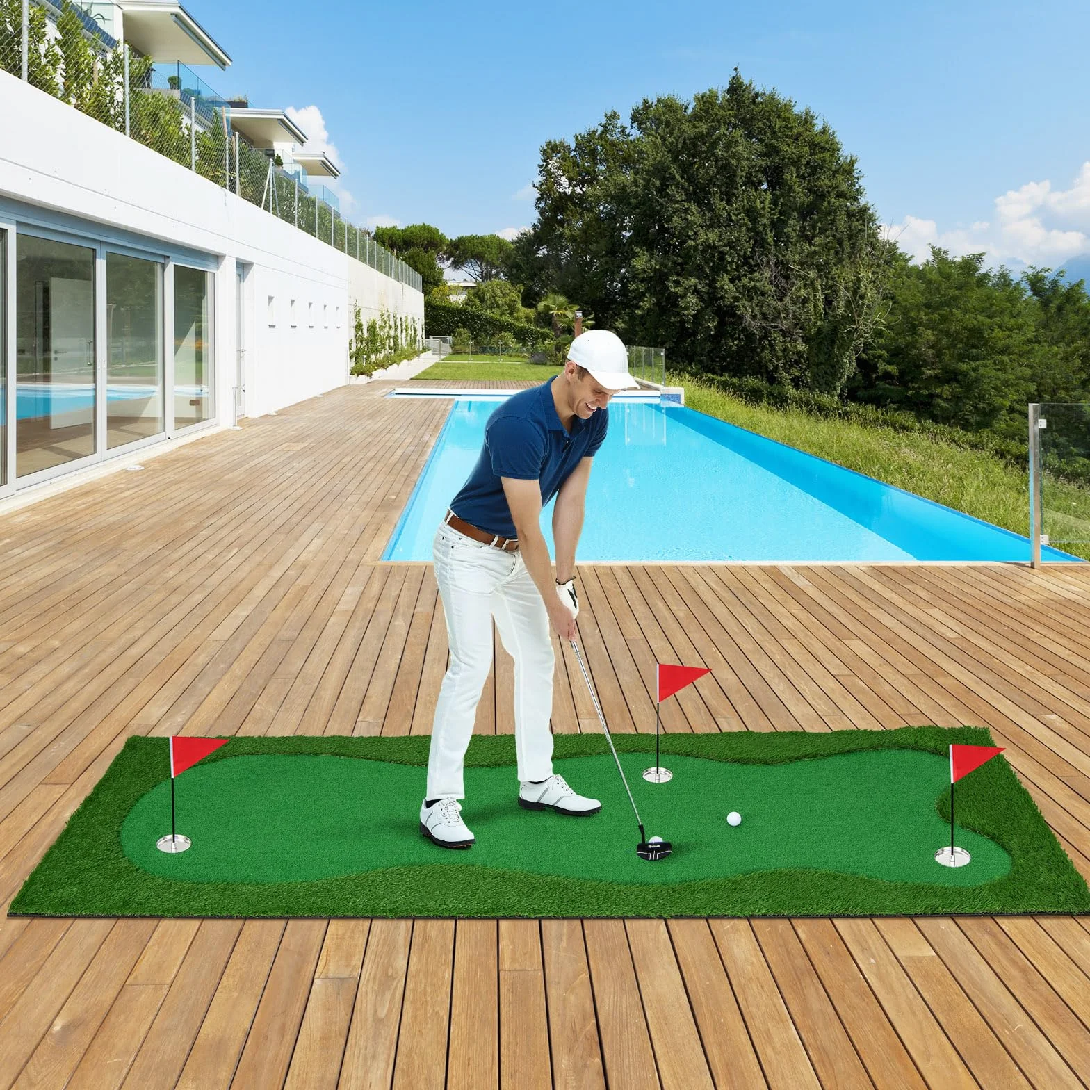 COSTWAY Alfombra de Putting de Golf 300x100 cm 3 Hoyos Banderas Tazas