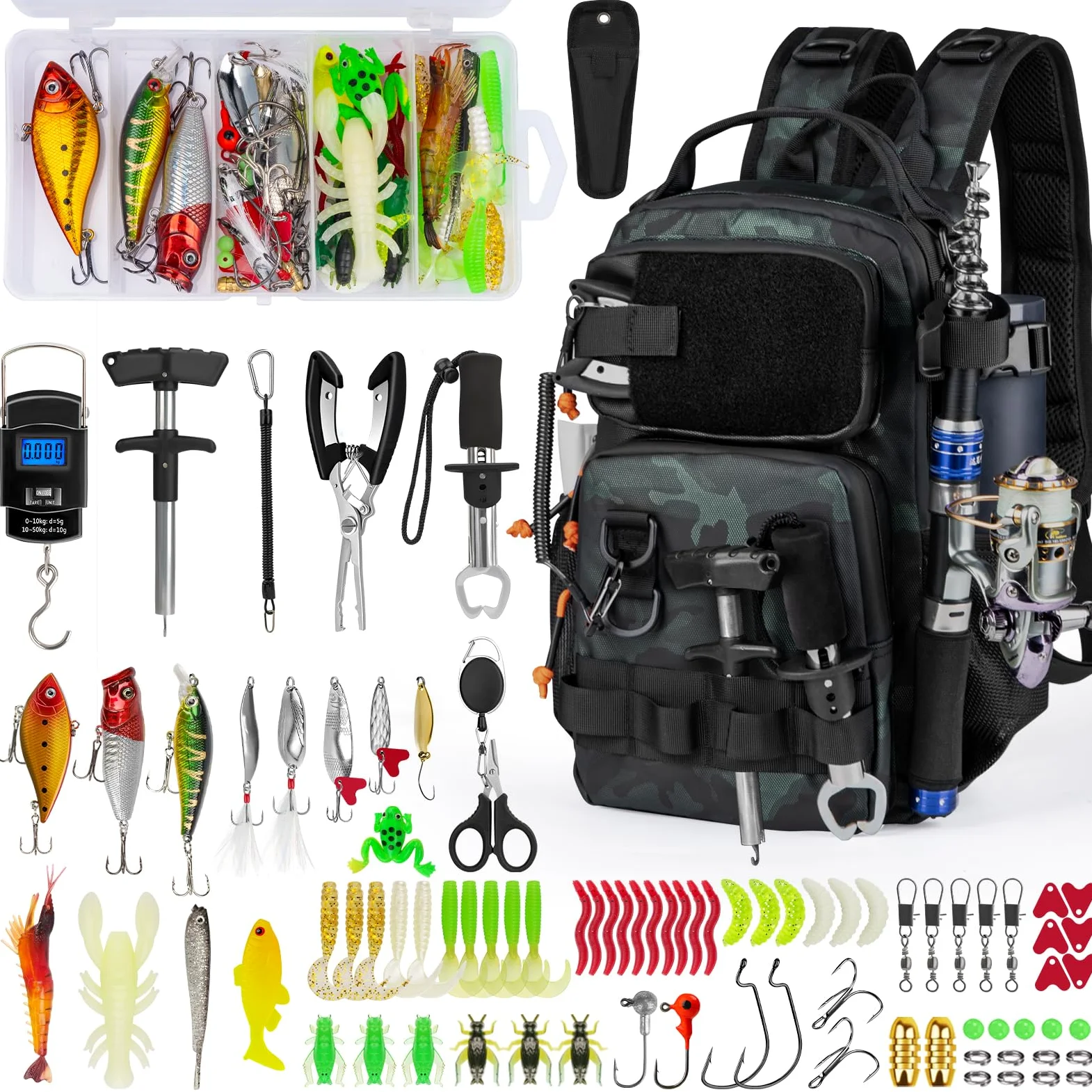 THKFISH Mochila de pesca con soporte para caña, kit de herramientas de pesca, bolsa resistente al agua con kit de señuelos de pesca, caja de aparejos de pesca y juego de alicates para hombres y