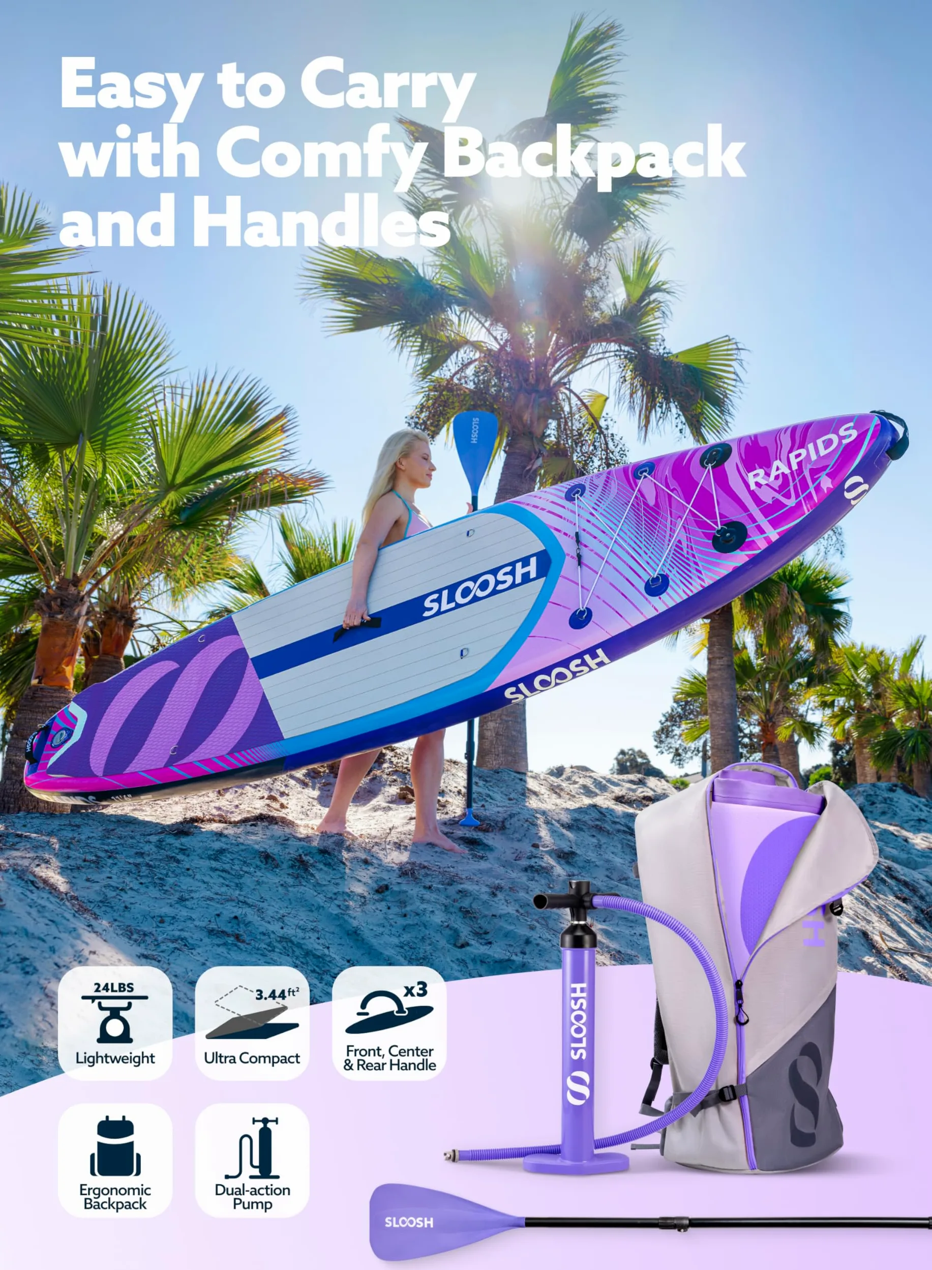 SLOOSH Tabla de Paddle Surf Hinchable, 11'6" Stand-Up Paddle con Accesorios Premium, Cubierta de EVA Antideslizante, Bolsa de Transporte con Bomba, Rapids Sup para Jóvenes & Adultos