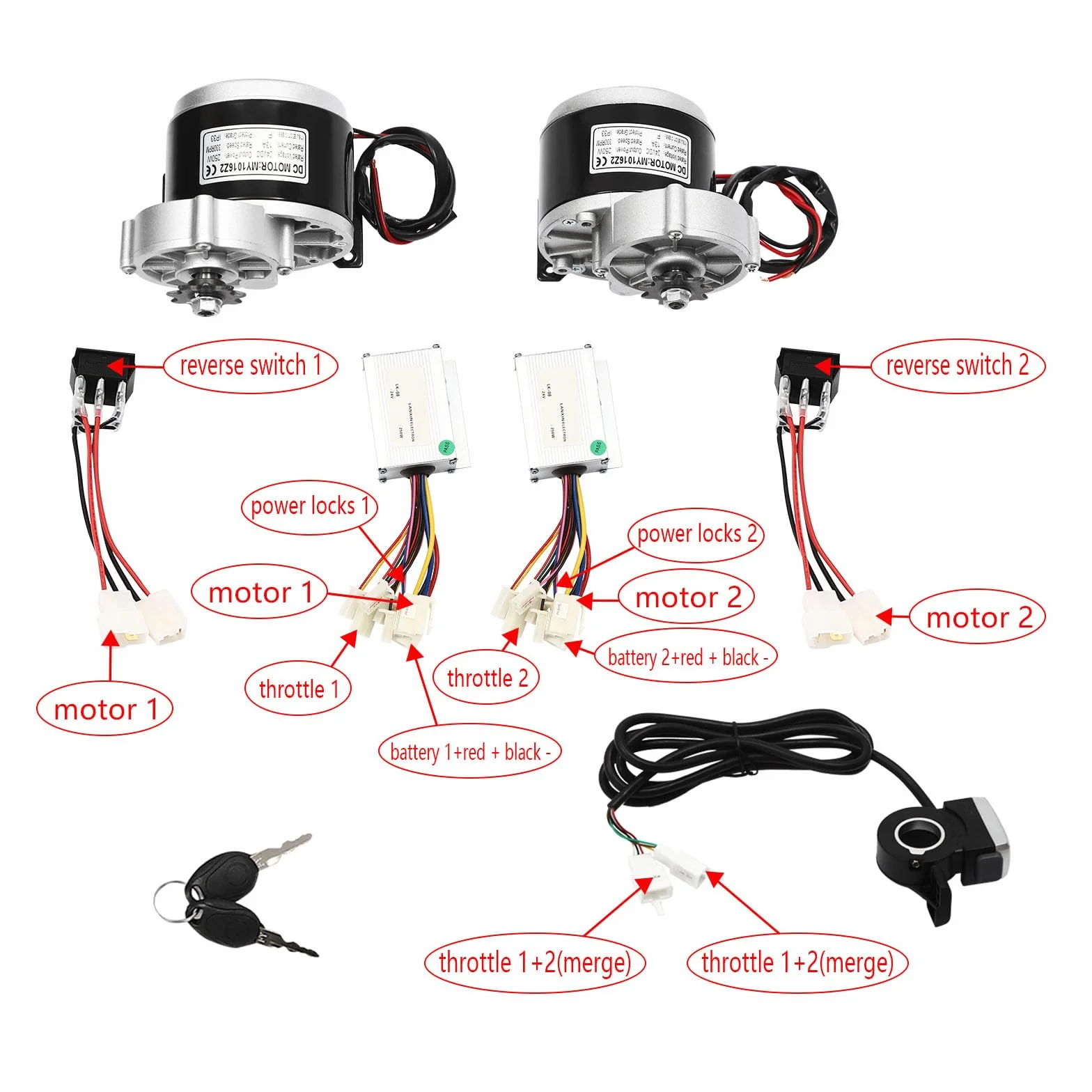 Kit de conversión de motor eléctrico 24 V 250 W para scooter de movilidad y rueda de accionamiento con 2 ruedas con acelerador de pulgar, marcha atrás para rutas al aire libre