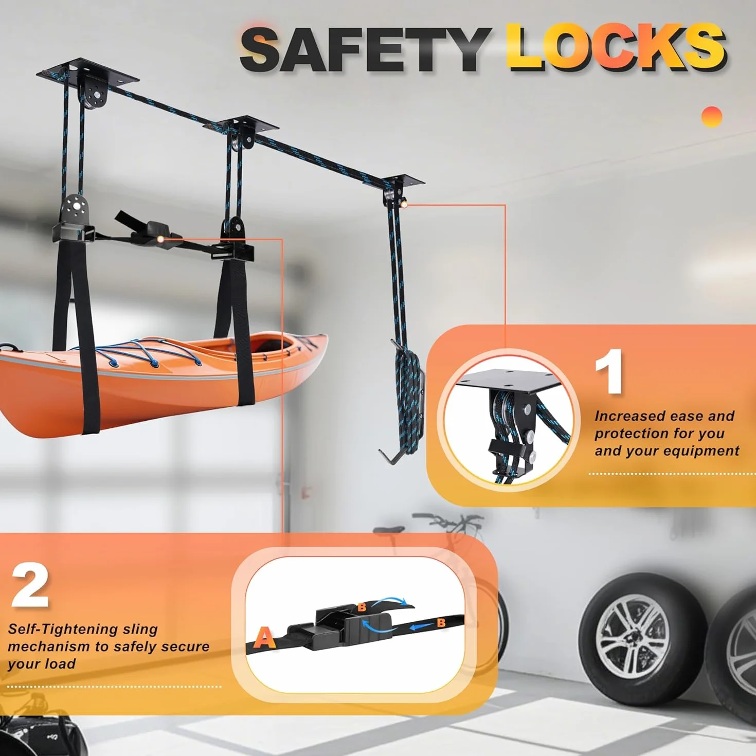 Hikeen Sistema de Polea Superior para Kayak, Capacidad 68KG, Elevador de Almacenamiento en Garaje