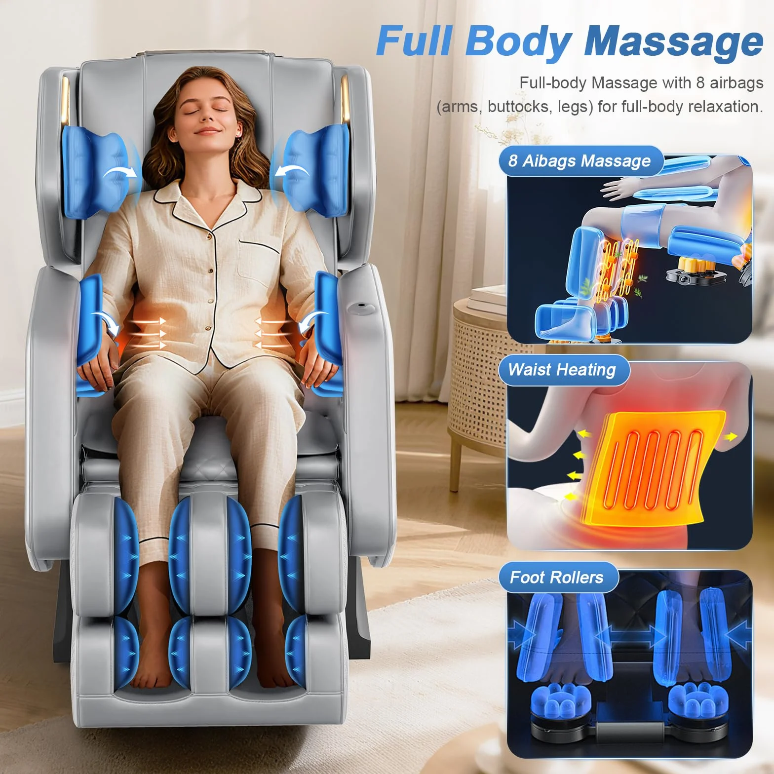 Sillón de Masaje Reclinable Cuerpo Completo 14 Rodillos 8 Bolsas de Aire Calefacción Masaje de Pies Bluetooth Control Remoto