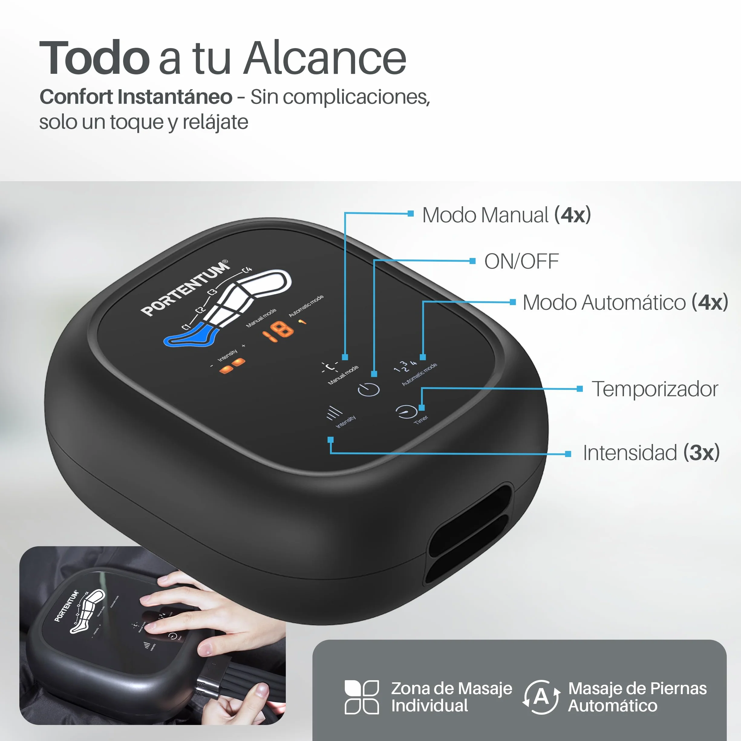 PORTENTUM Presoterapia Masajeador Piernas Abdomen 8 Modos 3 Intensidades Mando LCD USB-C Accesorios Brazo Cintura Bolsa Transporte