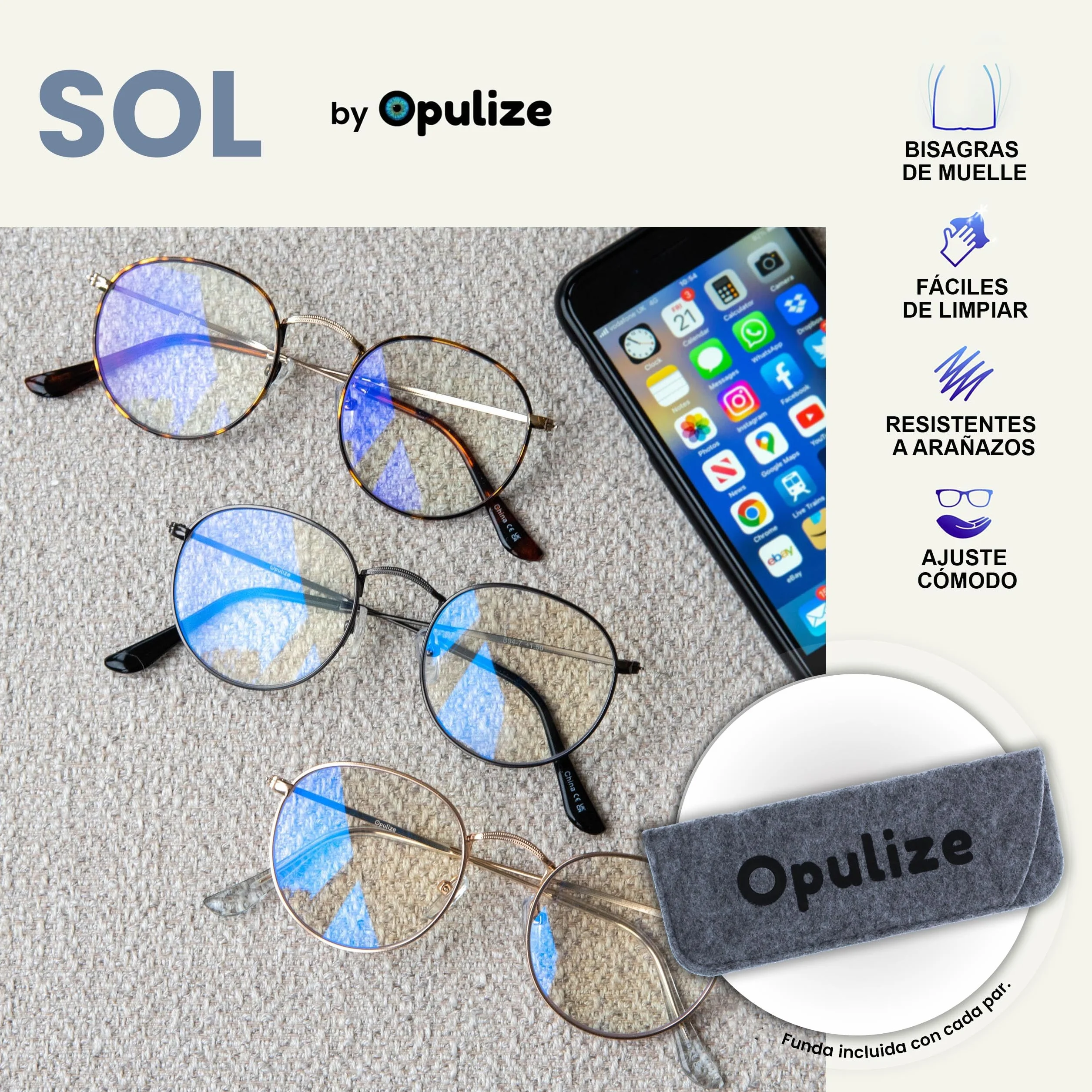 OPULIZE Sol Gafas Luz Azul Montura Retro Filtro Azul Hombre Mujer Mejoran Sueño Reducen Dolor Cabeza PC Videojuegos