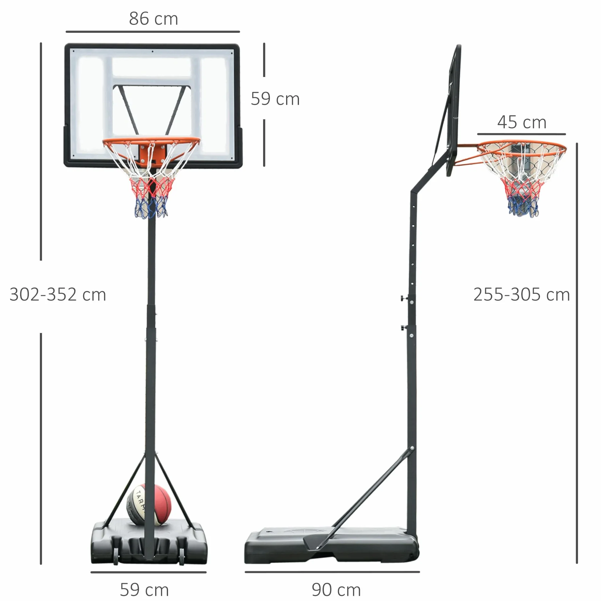 HOMCOM Canasta de Baloncesto Aro Portátil Ajustable Altura 302-352 cm Base Rellenable con Ruedas Negro