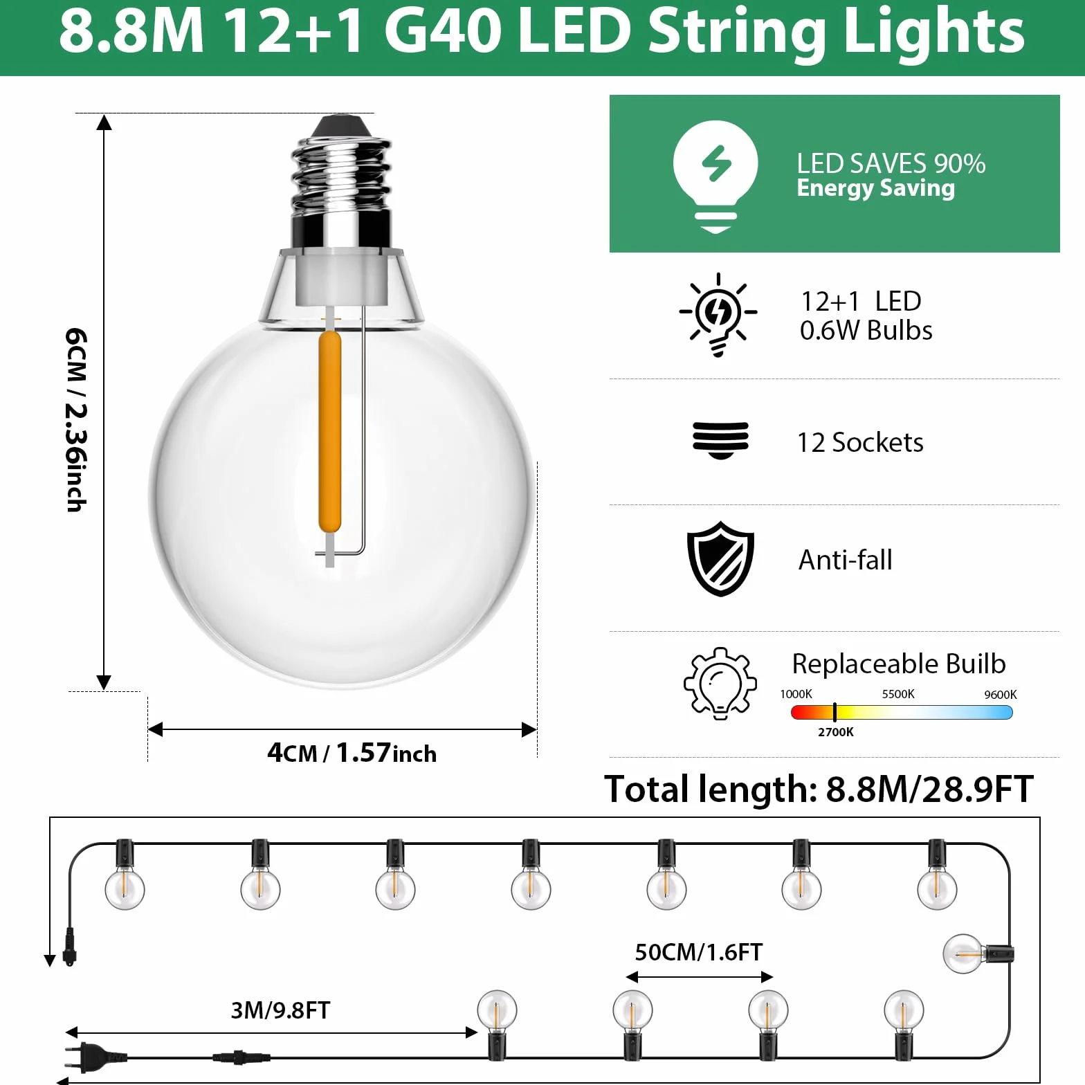 FIFlying Cadena de luces para exteriores 8.8 m IP54 impermeable 12+1 bombillas inastillables