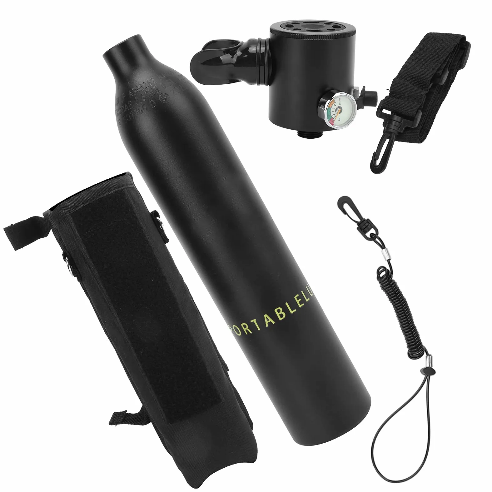 Tanque de Buceo Portátil de 0,5 L Cilindro de Oxígeno Subacuático de Fácil Respiración para Bucear con Bolsa de Almacenamiento y Manómetro Luminoso para Salvavidas