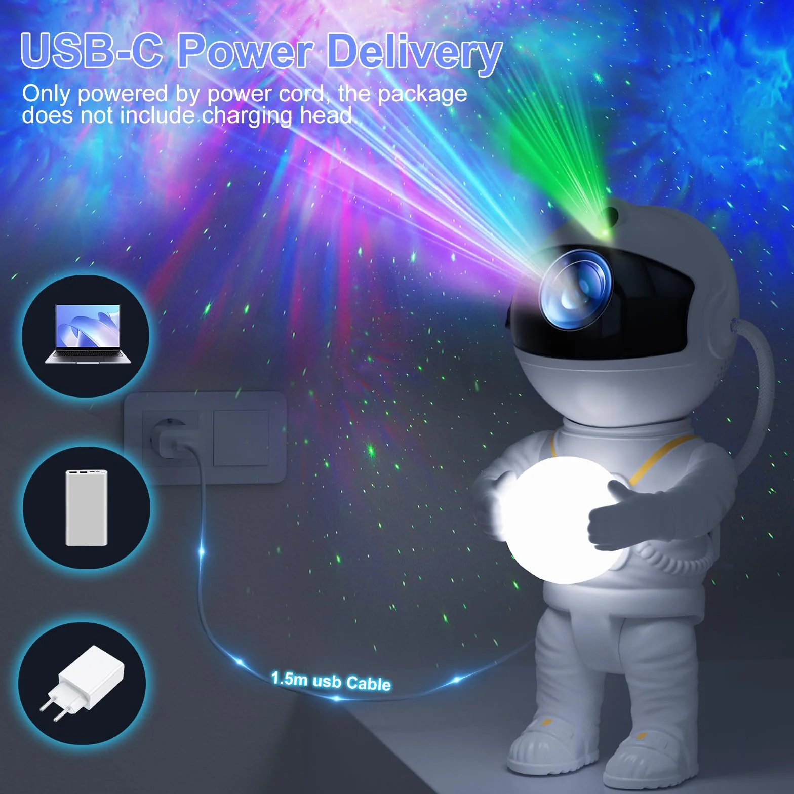 Proyector Estrellas LED Astronauta Galaxia 8 Modos Luz Rotación 360° Control Remoto Lámpara Proyección