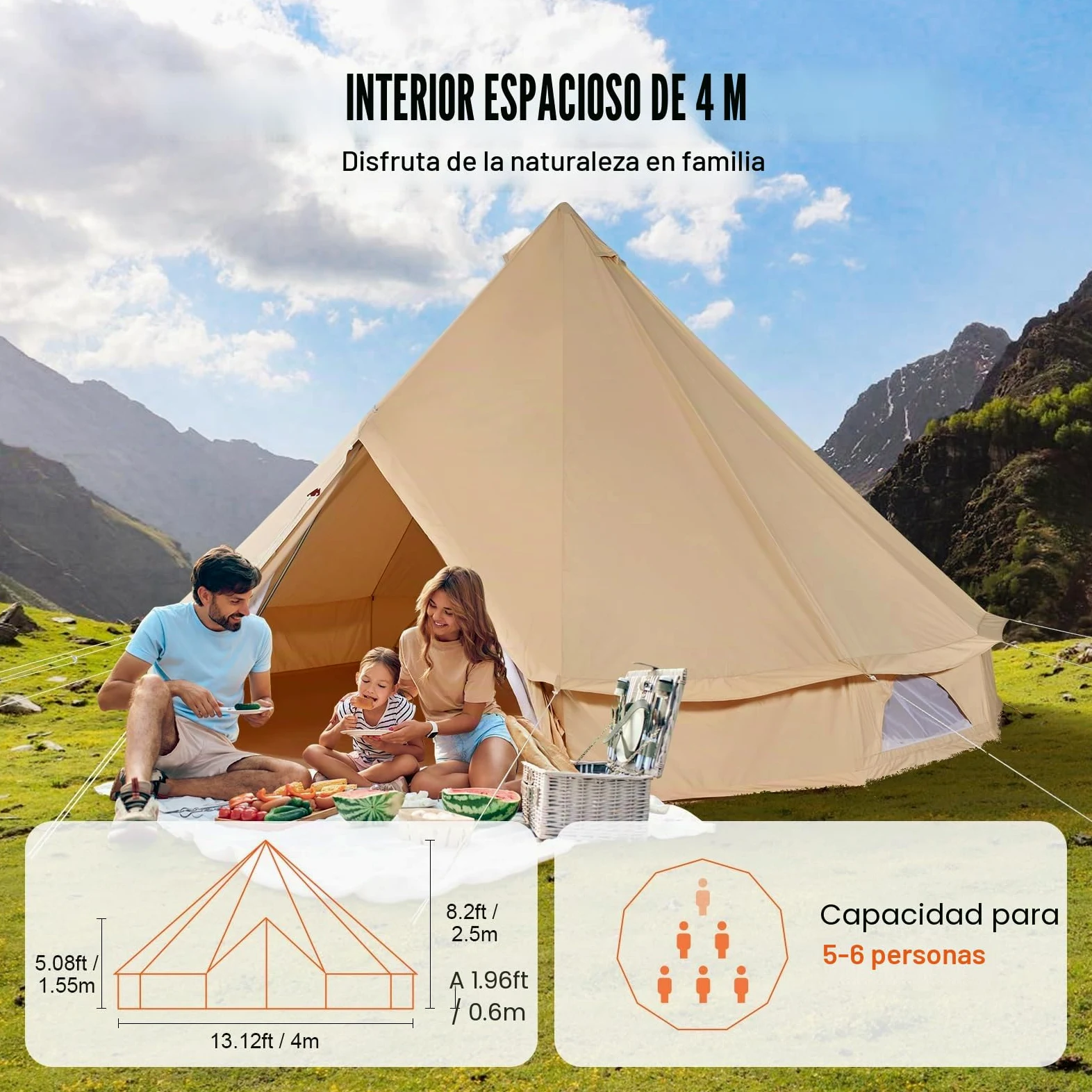 VEVOR Tienda de campaña de lona para 4 estaciones, tienda de campaña de lona para acampar con gato de estufa, tienda de campaña transpirable que sostiene a las personas, camping familiar al aire libre