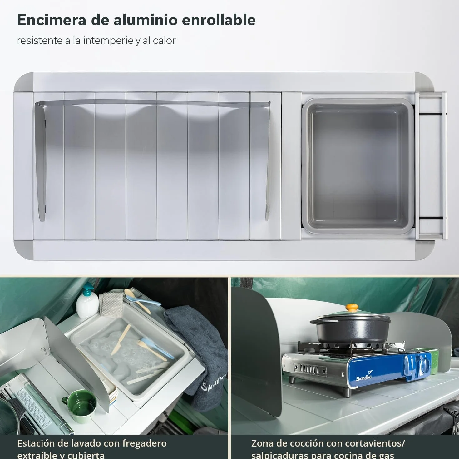 skandika Ruoka Cocina de Camping | Armario de Camping con Marco de Aluminio, Protector contra Viento y Salpicaduras Desmontable, Fregadero, Compartimentos de Almacenamiento, Bolsa de Transporte