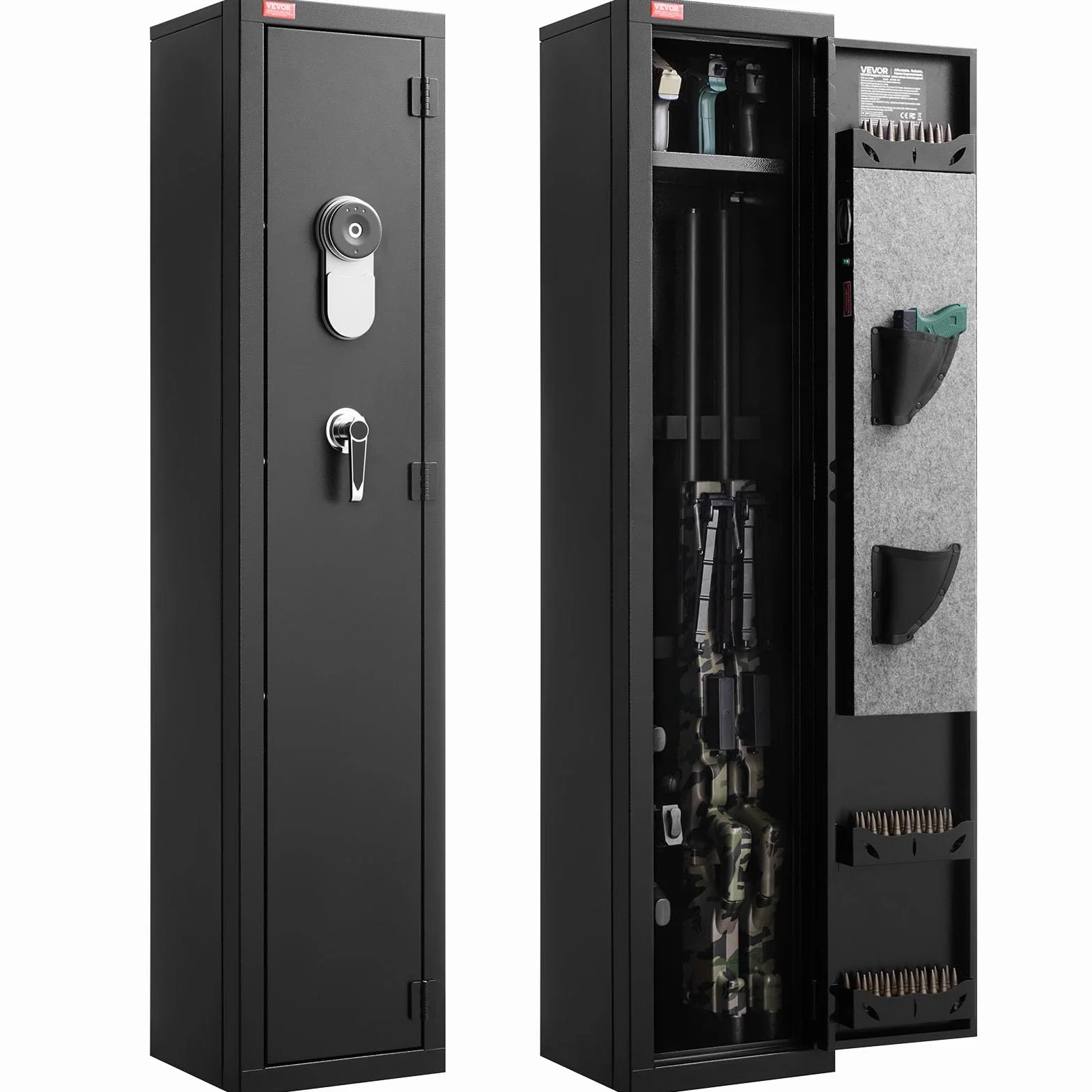 VEVOR Caja Fuerte de Rifles, Armario para Armas Largas de Acero Laminado en Frío, Teclado Digital y Llave, con Cargador y LED, Soportes Ajustables, 300 x 280 x 1396 mm