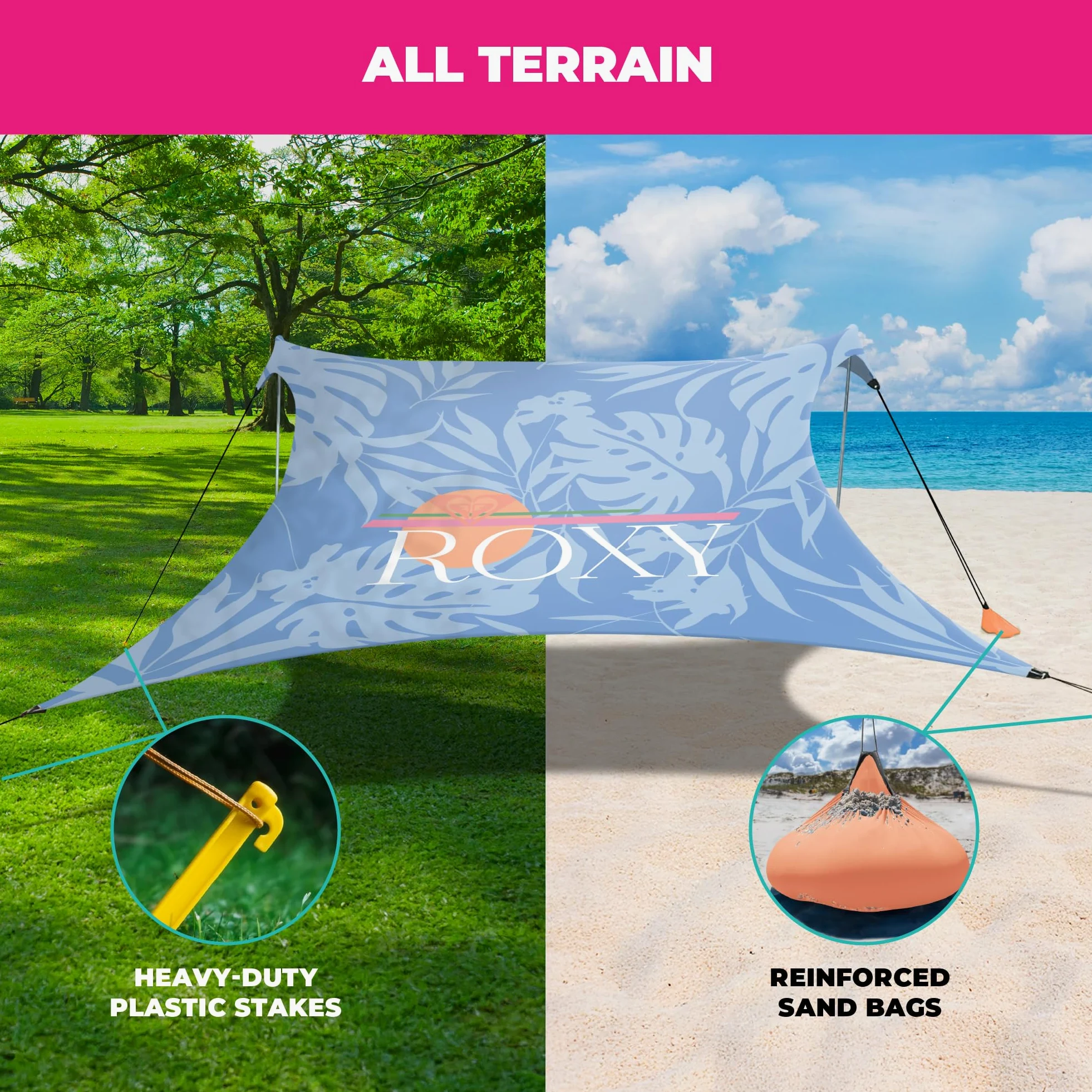 ROXY Refugio de Playa portátil – Tienda de campaña de protección Solar UPF 50+ con Anclajes de Saco de Arena y ventilación, Ligero e Impermeable para Playa, Campamento o Uso al Aire Libre – Se Adapta
