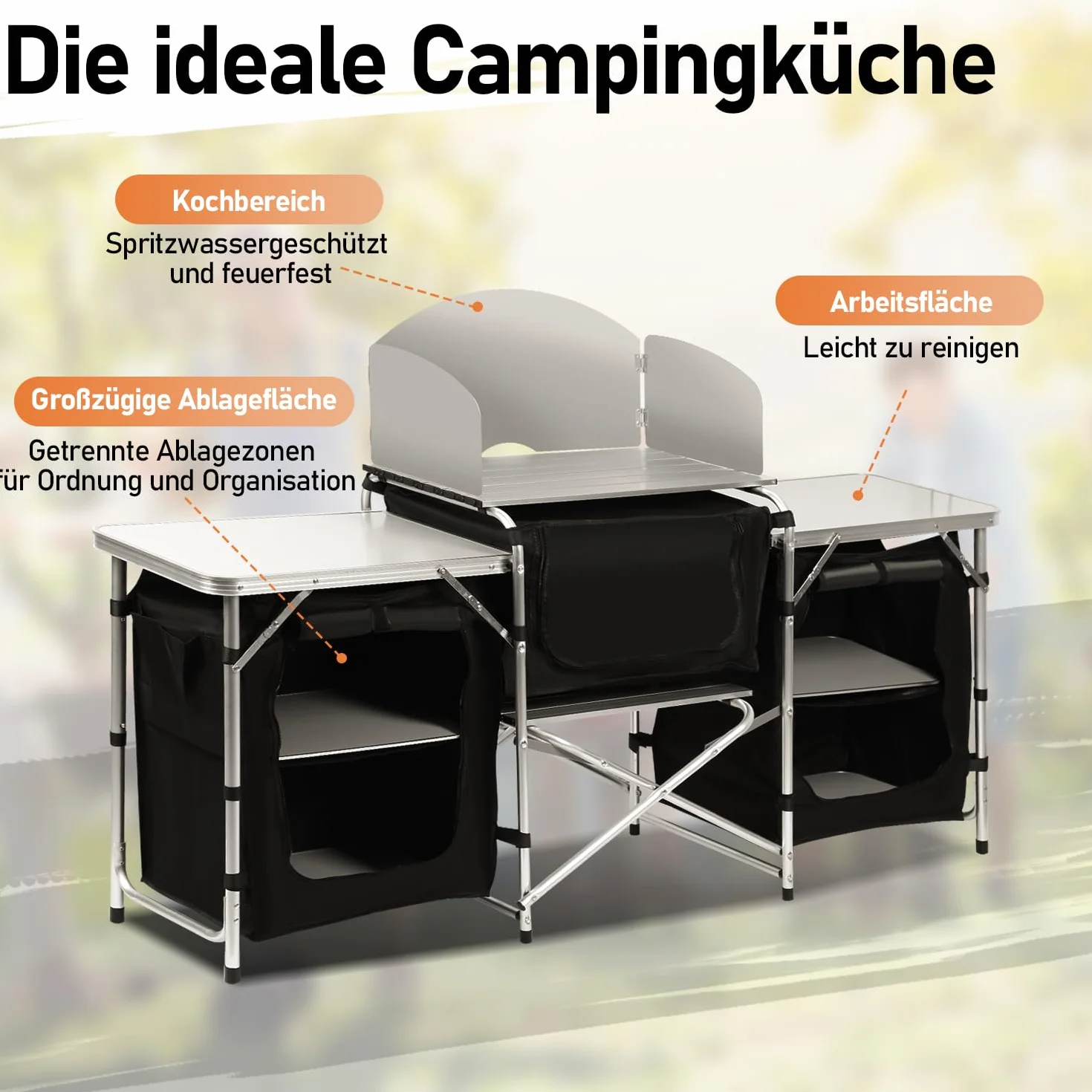 Cocina de camping, armario de camping plegable con protección contra salpicaduras, bolsa de transporte, incluye muebles de camping, cocina de camping al aire libre, con estructura de aluminio,