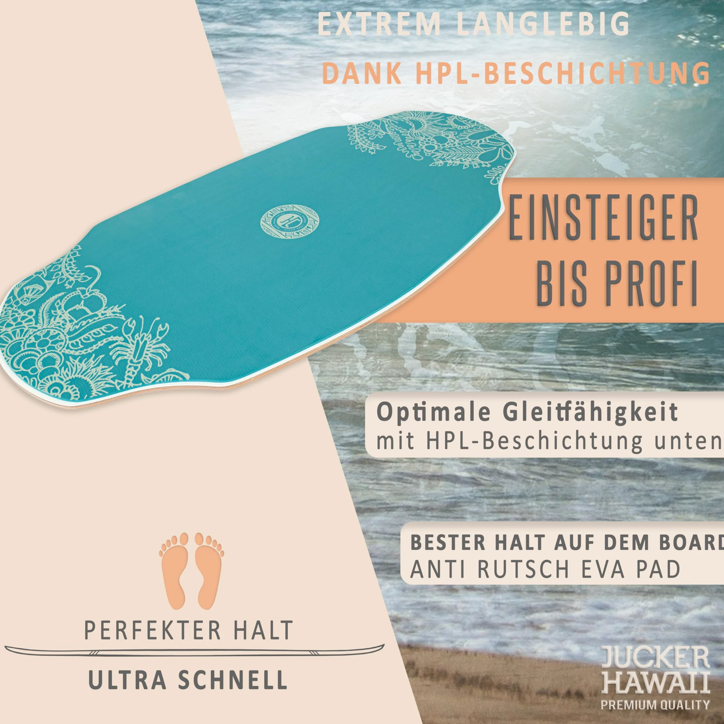 JUCKER HAWAII Skimboard HPL AKA Blue Pro – Tabla de esquí profesional con revestimiento HPL de doble cara y capa antideslizante EVA, tabla de esquí de gama alta – Ultra rápida, duradera y soporta