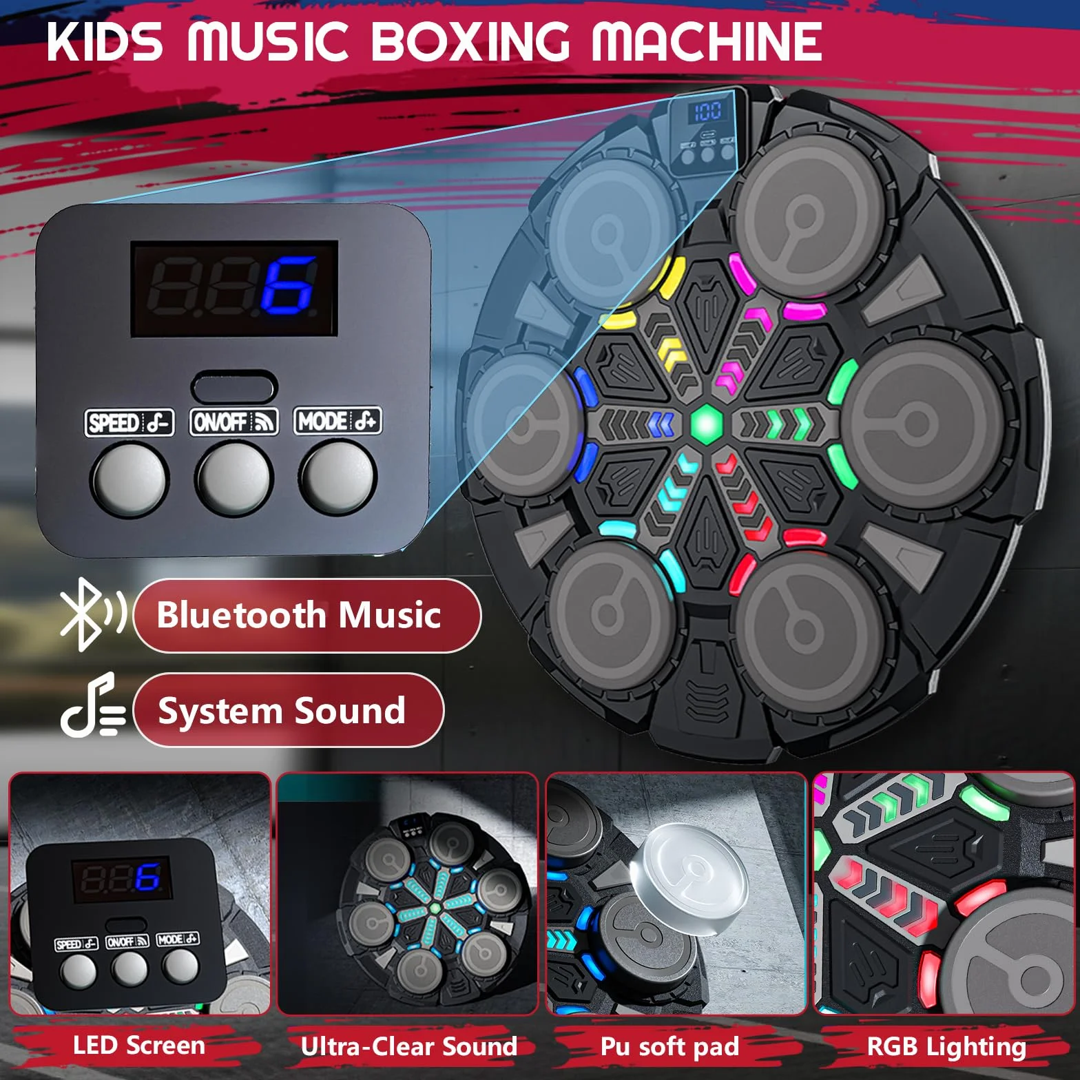 Máquina de Boxeo Musical, Máquina de Boxeo Musical Bluetooth Inteligente con Guantes de Boxeo, 6 Velocidades, 2 Modos, Modo de Conteo, Regalos para Niños, Adultos