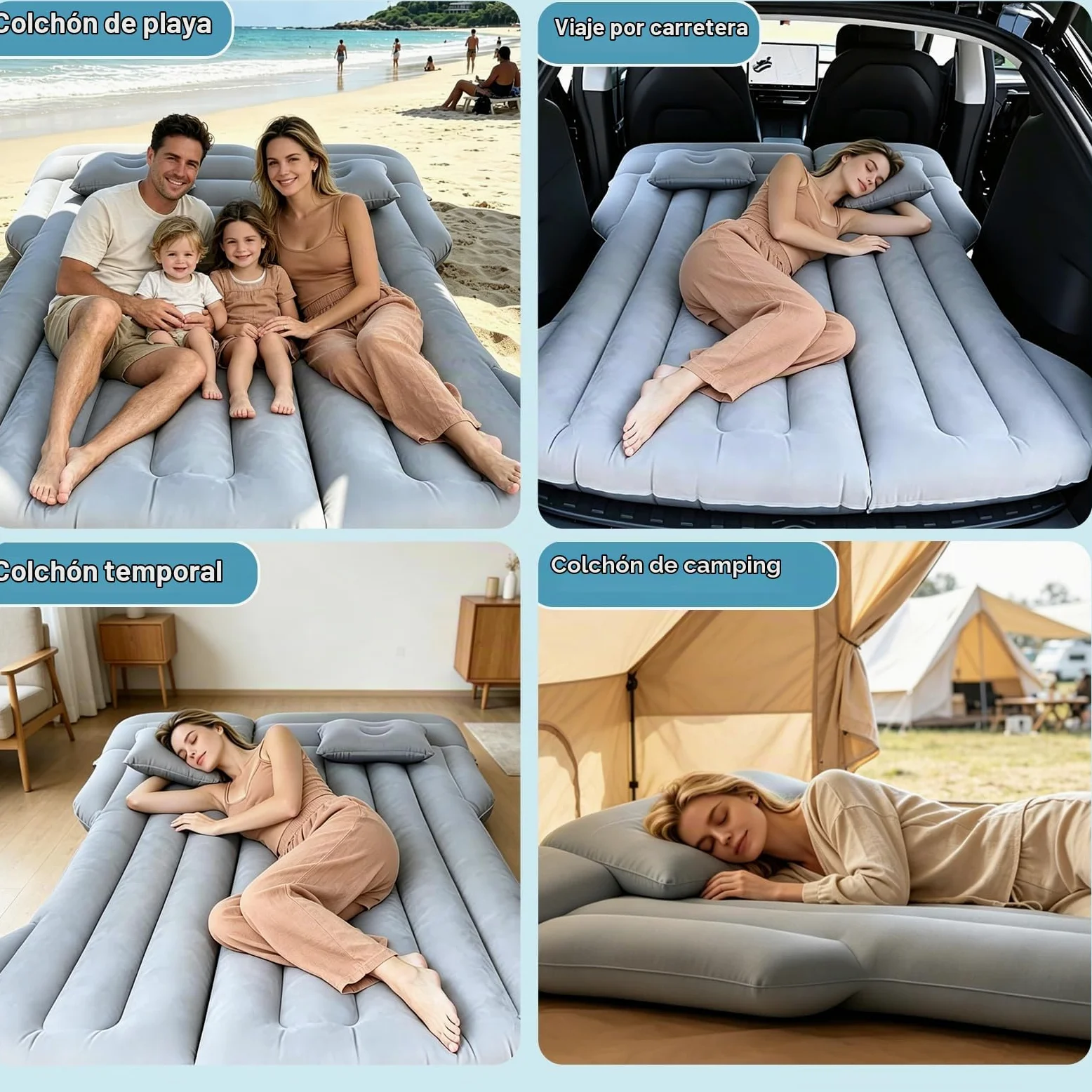 Colchón de Coche Hinchable Tesla Model Y y SUV - para Acampar (Grey) | 190 cm x 130 cm, con Bomba y 2 Almohadas Pequeñas, 4 Áreas Multifuncionales Independientes, Apto para la Mayoría de Vehículos