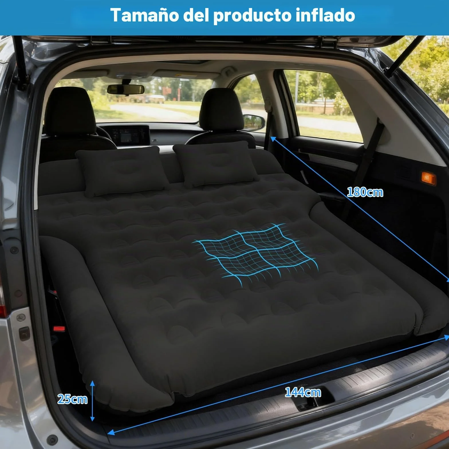 Colchón para Coche Cómodo colchón de vehículo para Viajes y Camping Colchón de Aire Asiento Trasero Colchón Plegable para Coche fácil de almacenar Solució (Negro)
