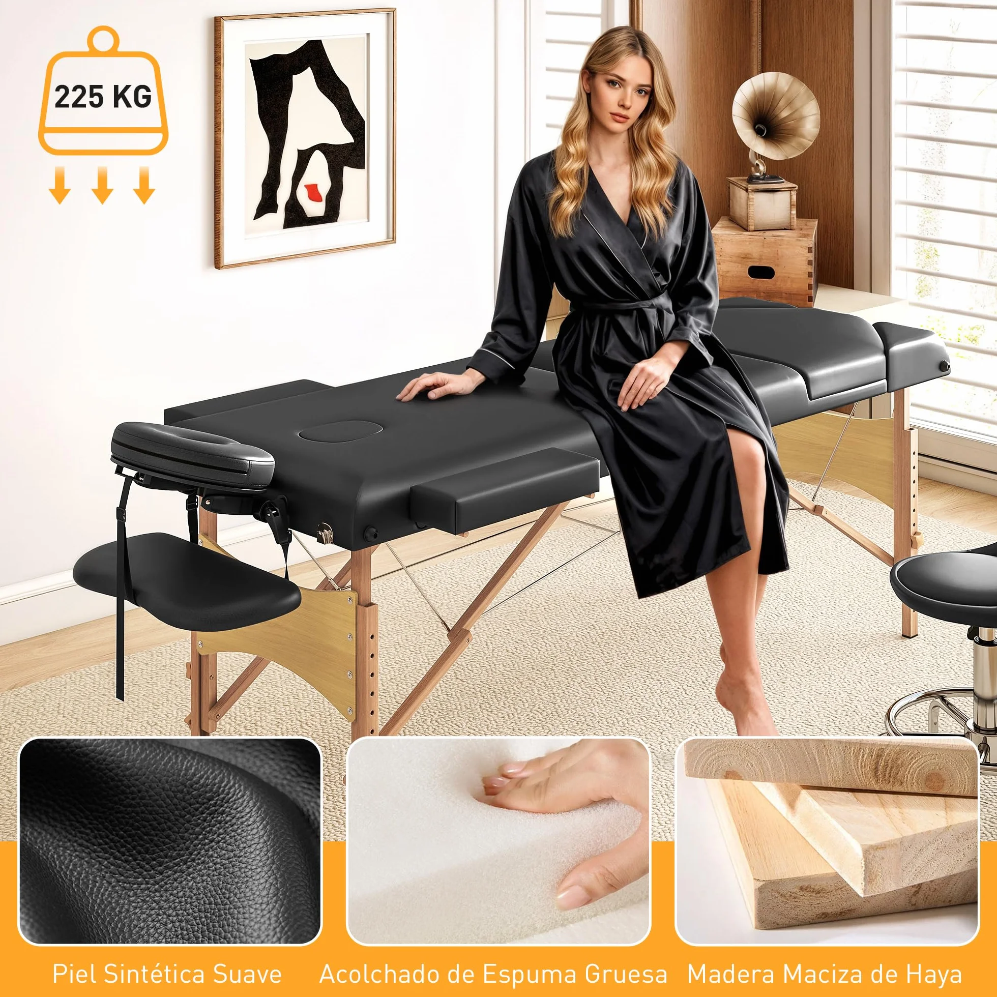 HOMCOM Camilla Masaje Plegable Portátil 3 Zonas Madera Altura Ajustable Reposacabezas Reposabrazos Acolchados SPA Tatuajes 215x60x62-89 cm Negro