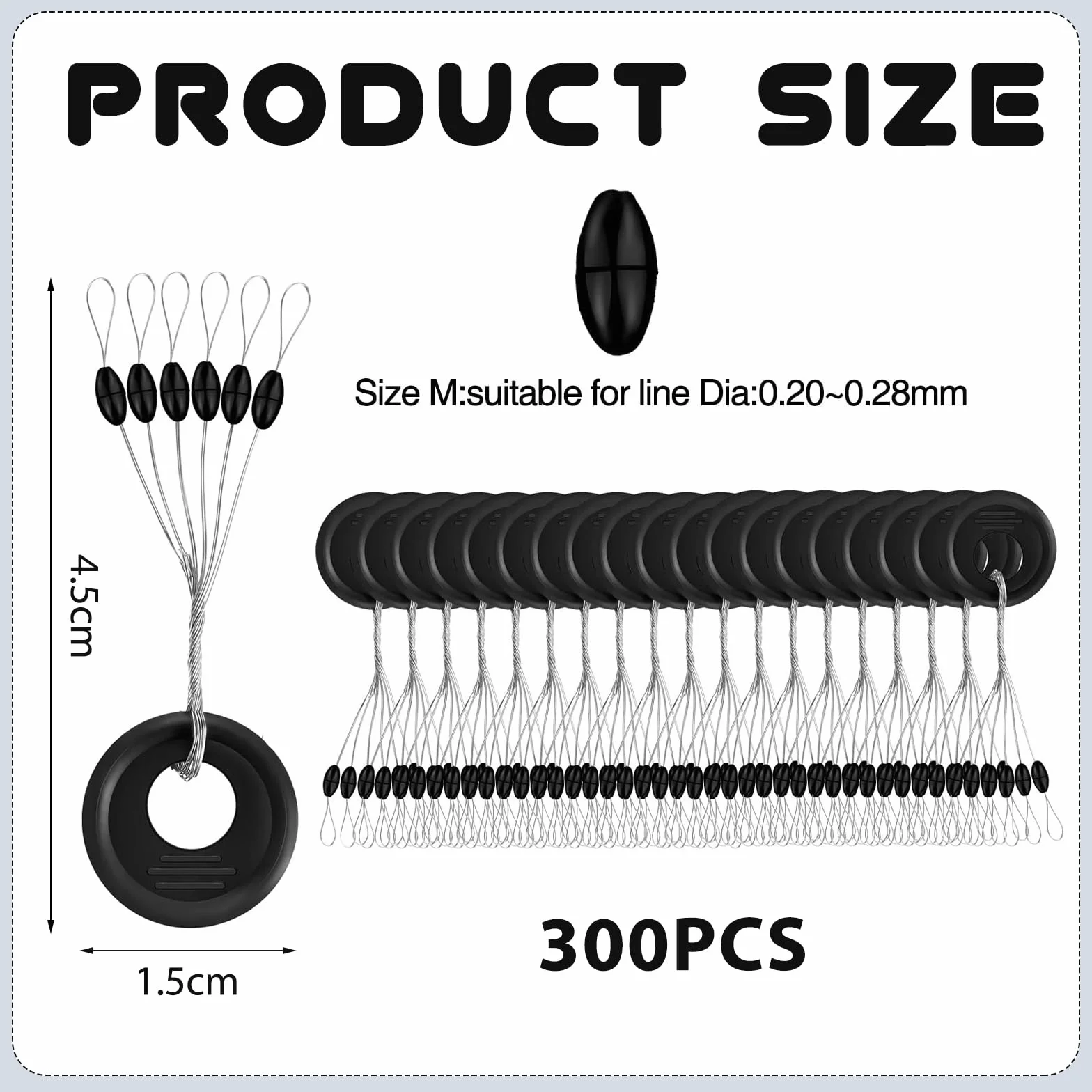 300 Tapón Flotador de Pesca de Goma, Tapón de Goma Cuerda de Cuerda Flotador de Pesca de Goma Tapón Flotador de Pesca 6 en 1, Negro